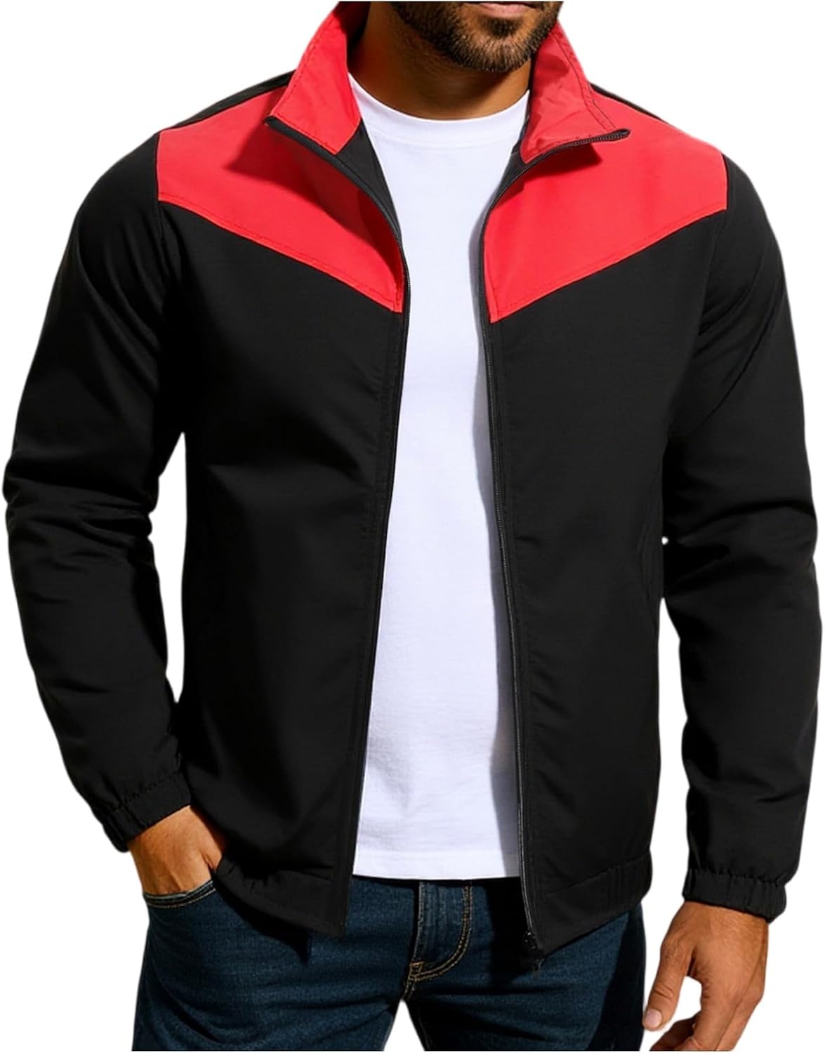 Men's Stand Collar Zip Jacket - Colorblock Windproof Shacket Windbreaker Stylish Light Coat, S-3XL