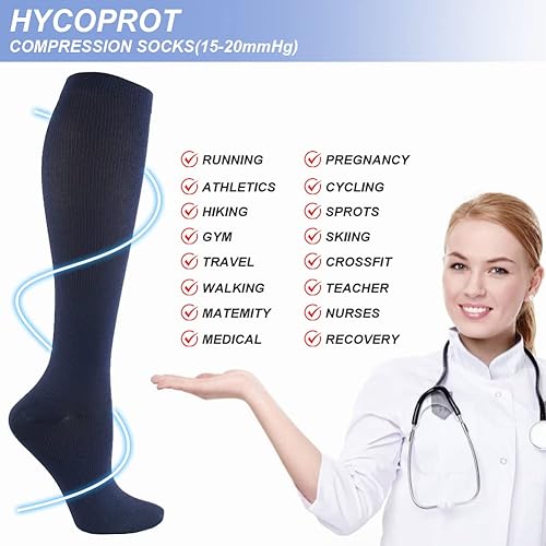 Vista 27 de HYCOPROT Calcetines de compresión para mujeres y hombres (3 pares) de 15-20 mmHg para atletismo, correr, enfermeras, embarazo, viajes Blanco