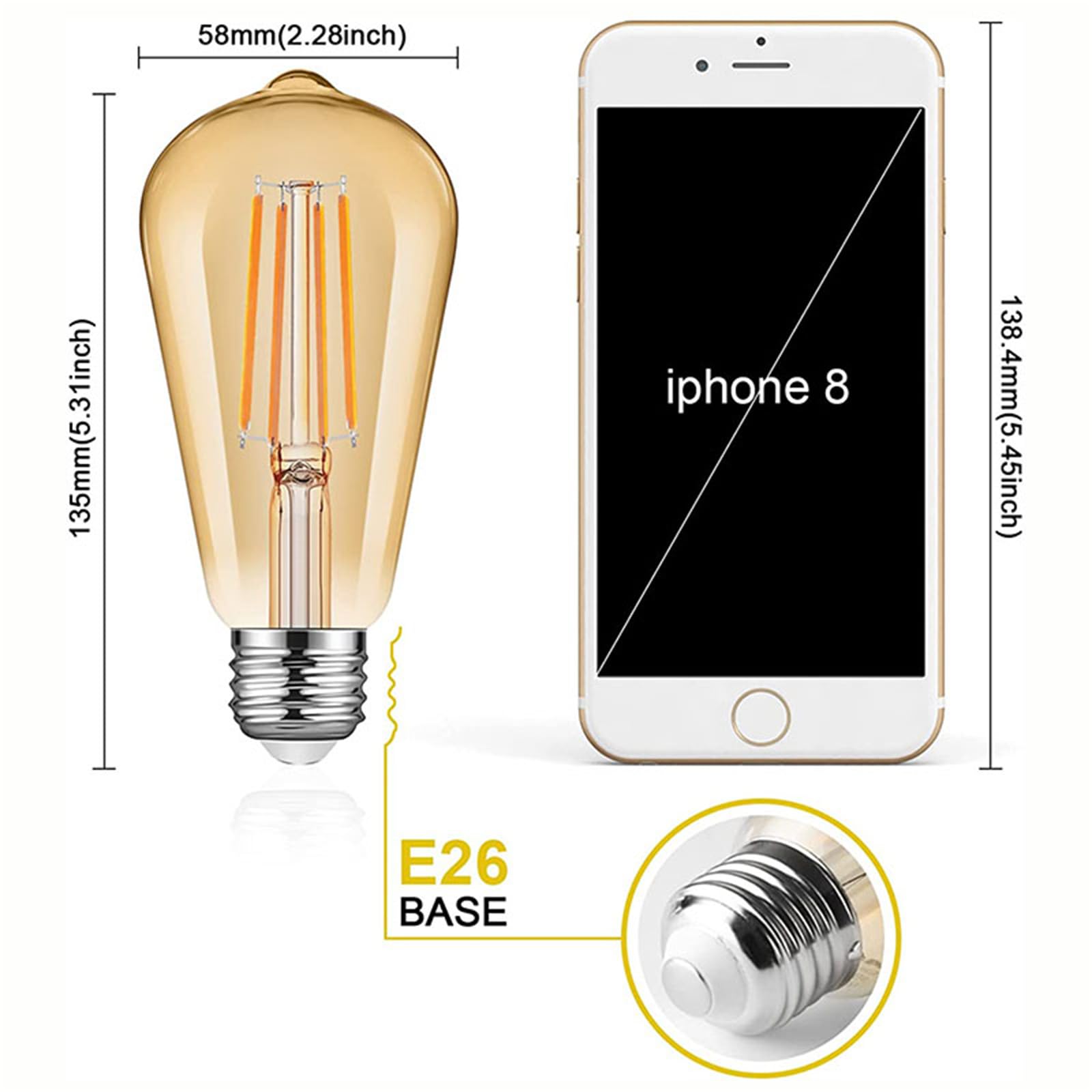 Żarówki LED typu edison, Vintage żarówki LED do E27/E26 średnia podstawa możliwość przyciemniania ST58 antyczny żyrandol lampa sufitowa oświetlenie do salonu oprawa oświetleniowa,8pcs,warm white