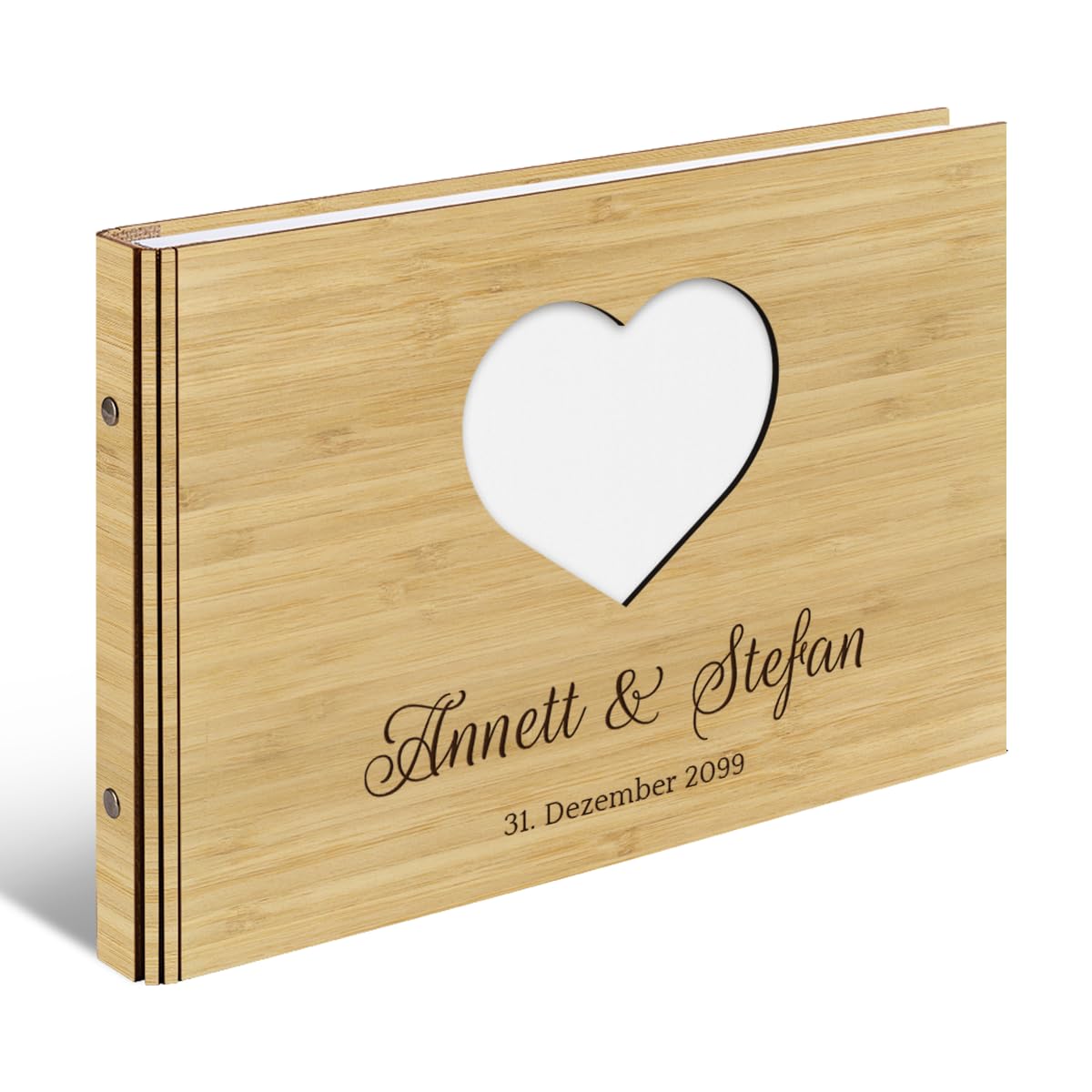 Personalisiertes Hochzeit Gästebuch echtes Holz lasergeschnitten DIN A4 Hochzeitsbuch mit Lasergravur - Herz - mit 72 Blatt / 144 Seiten Naturpapier Weiß