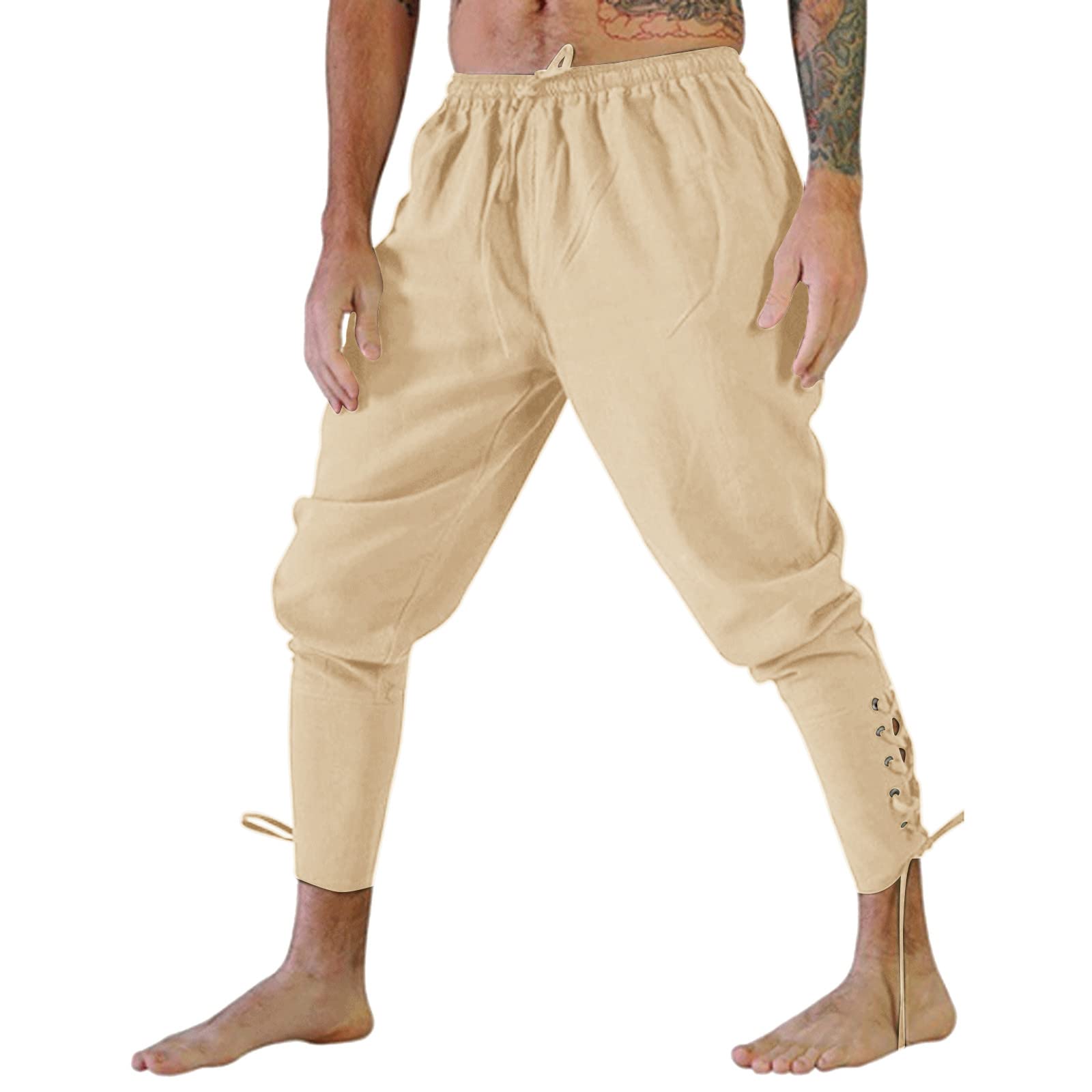Medieval Trousers Men's Viking Linen Trousers Men's Long Renaissance Lace-up Trousers with Drawstring Victorian Pirate Trousers Gothic Steampunk Fabric Trousers Lightweight Sports Trousers Halloween
