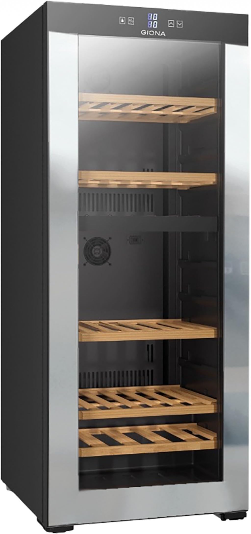 GIONA Cave à vin 2 températures CVG80CF2T – 80 bouteilles, double zone, froid ventilé, noir, 5 clayettes bois, classe G