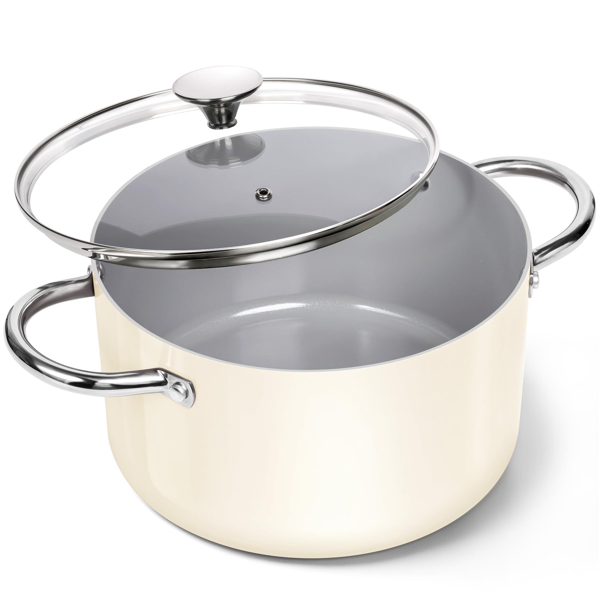 MICHELANGELO Keramik-Beschichteter Kochtopf 24cm / 5,7L mit Glasdeckel | Schmortopf, Suppentopf für Induktion, ofenfest bis 230°C, PFOA-frei - in Beige