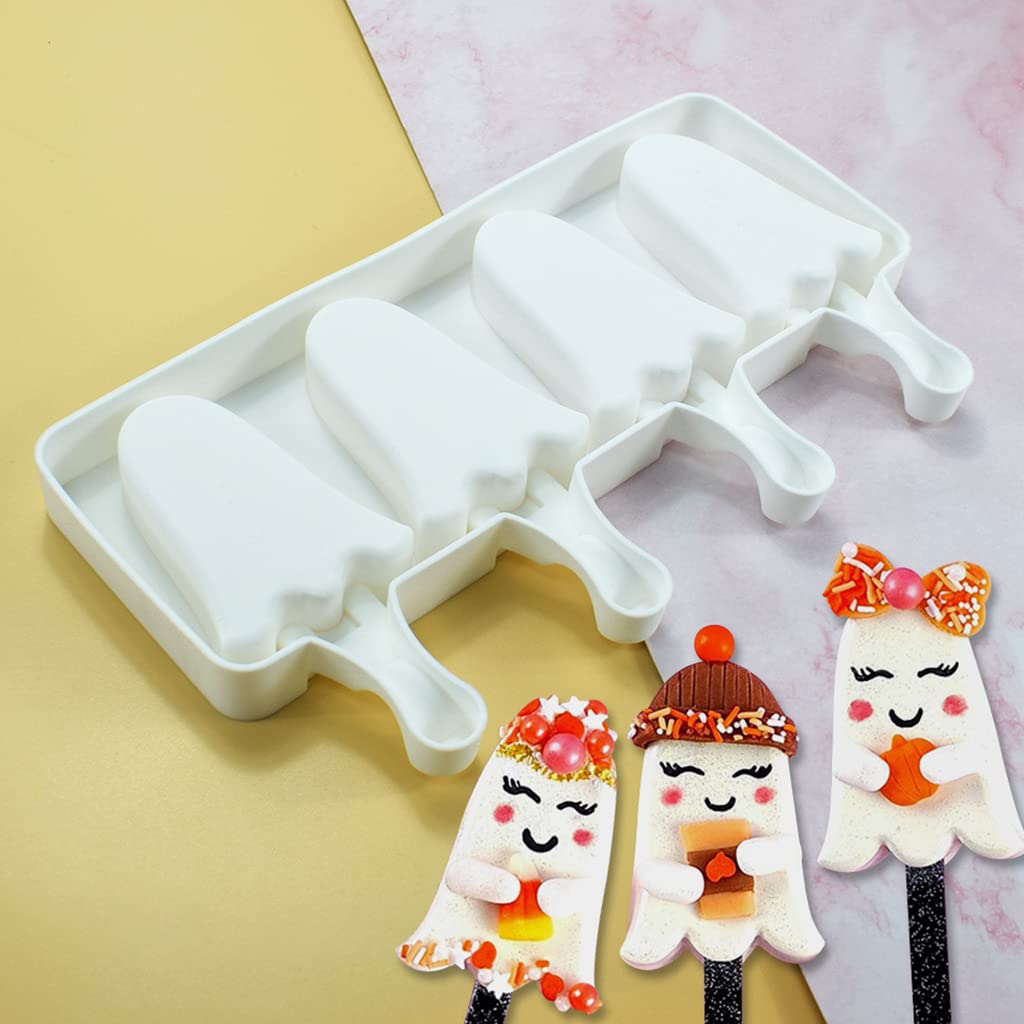 Food-grade Silicone Candy Mould 4-Capacity Sugarcraft Decoration Gift Cute Ghost Shape Kitchen DIY Gift for Baking Lover Silicone Popsicle Molds