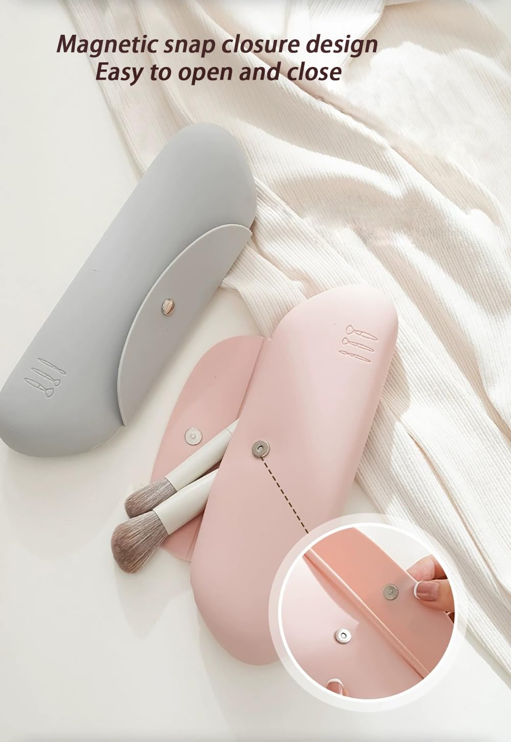 Silicone Makeup Brush Holder Makeup Bag Cosmetic Travel Bag Waterproof Make up Organizer Portable Brushes Case Toiletry Pouch Anti-Fall Out Magnetic Closure Purse Bag (Khaki) - Image 2