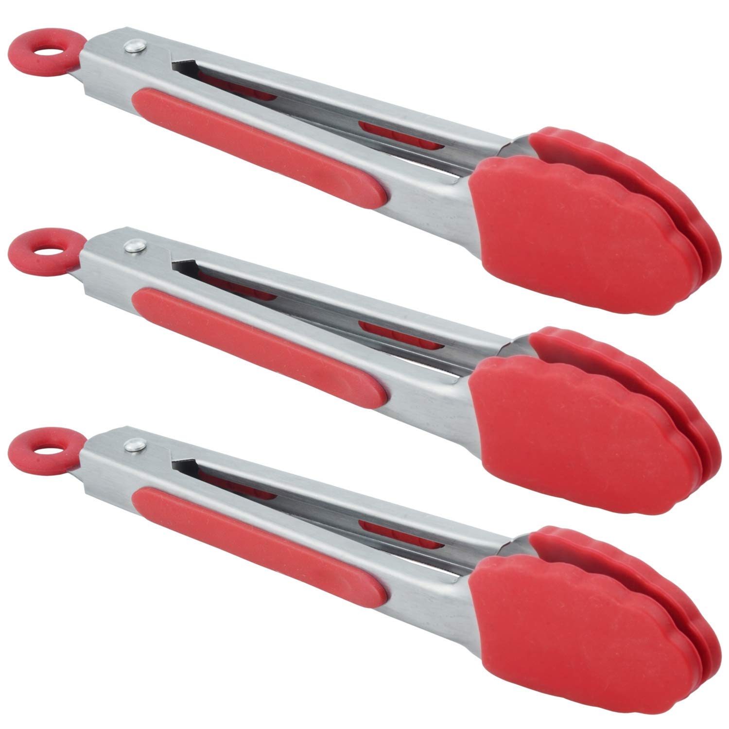 HINMAYMini Serving Tongs with Silicone Tips 7-Inch Small Tongs, Set of 3 (Red)