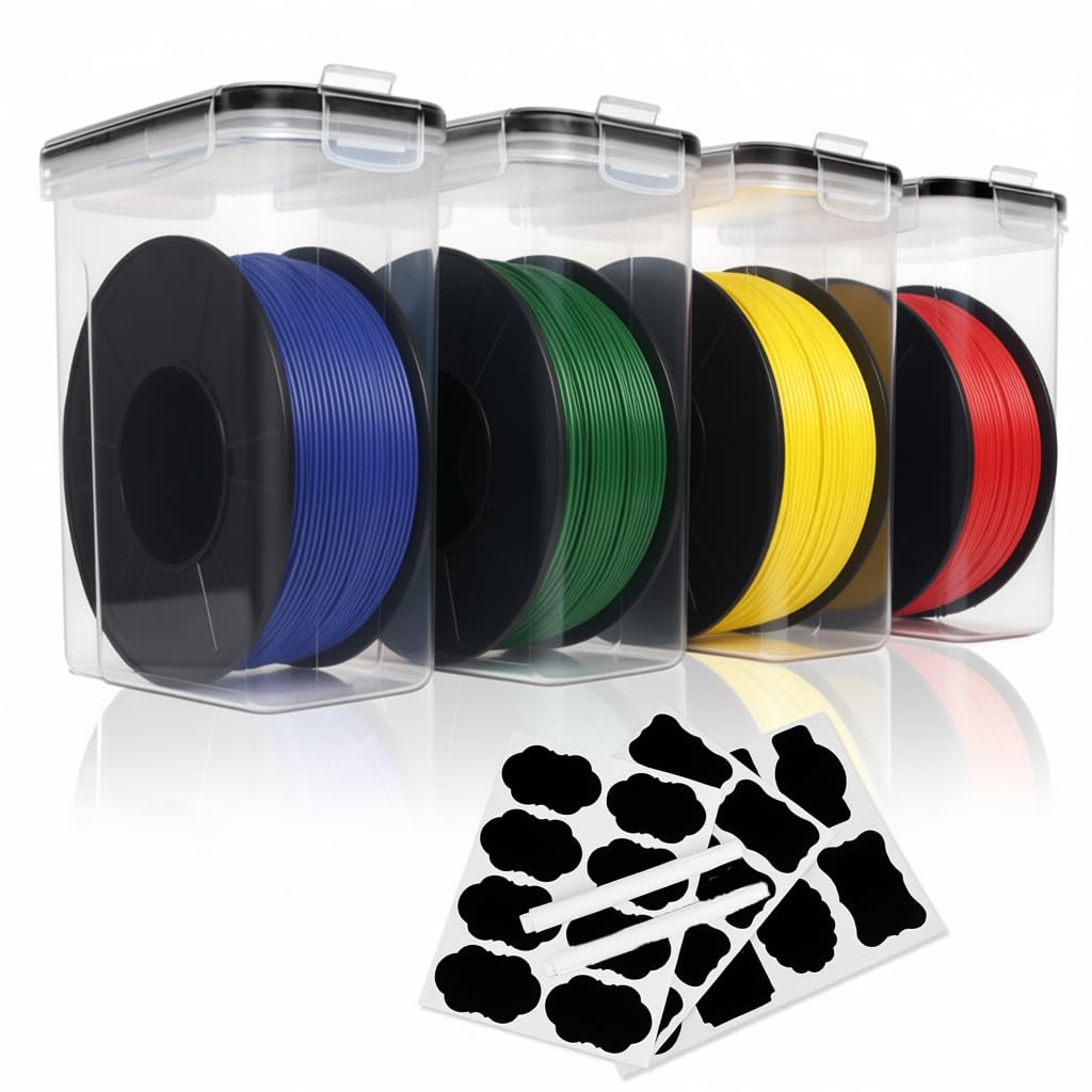 Scatola di conservazione con filamento per stampante 3D, 4 pezzi, per filamenti di stampa 3D, per sigillare e proteggere, 4,0 l, portatile con etichette, acqua e antipolvere per PLA PETG ABS...