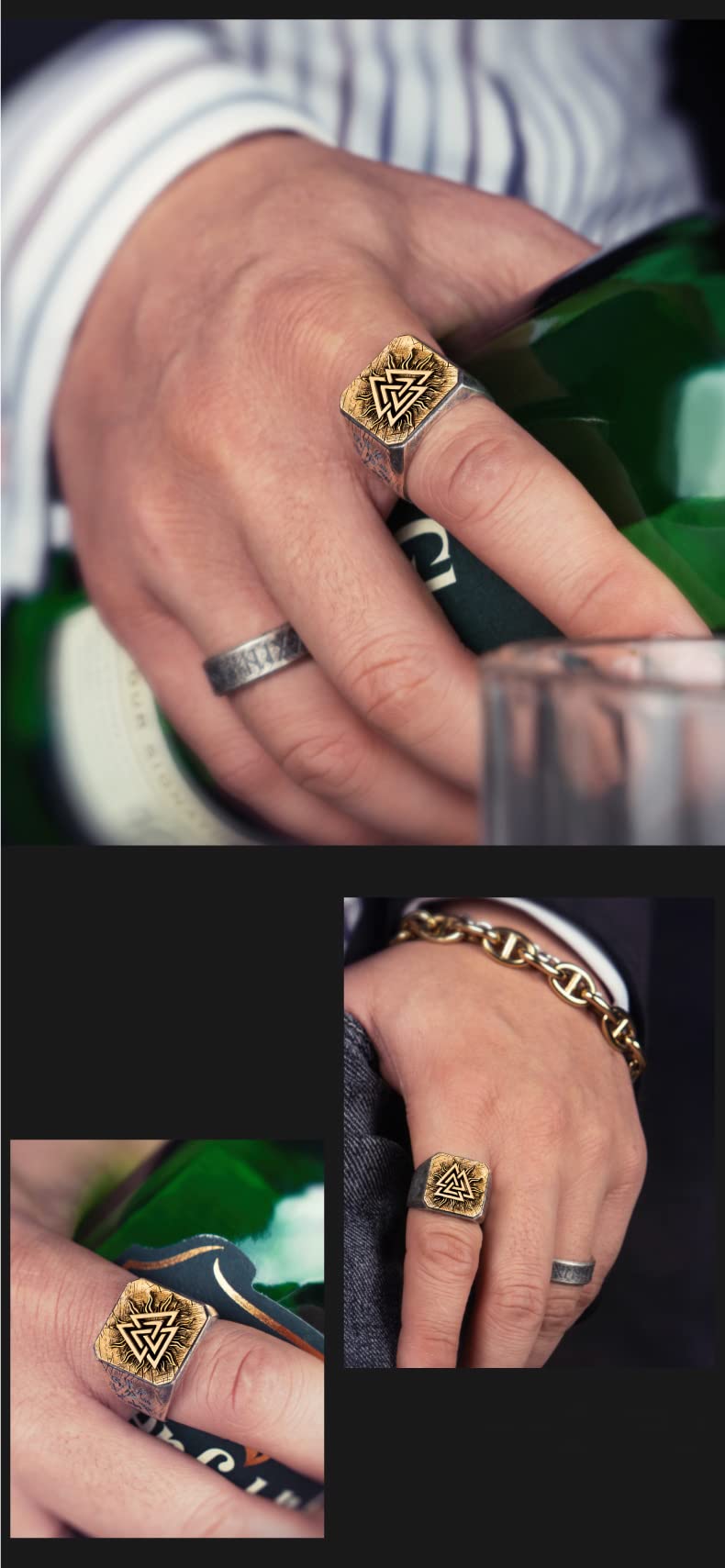 Zweifarbiger Wikinger-Valknus-Ring aus 925er-Sterlingsilber, DREI ineinandergreifende Dreiecke, Siegelring, Schmuck für Männer, offen, verstellbar