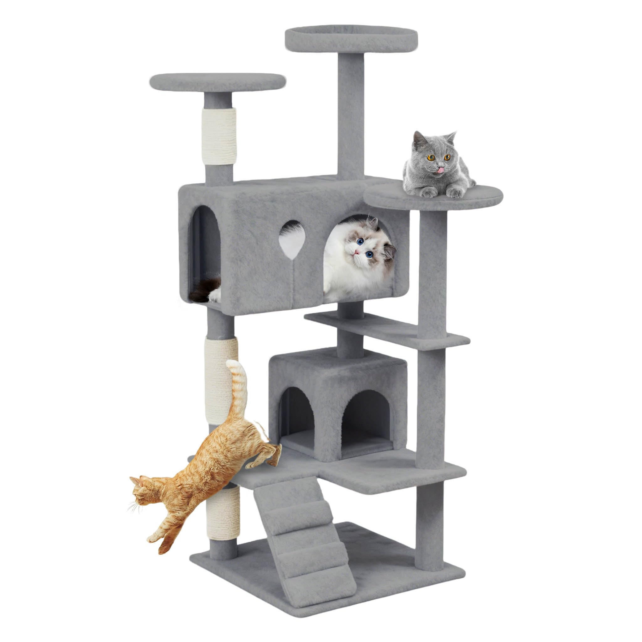 NAIZY Rascador grande para gatos, 49 x 49 x 130 cm, XXL, con columnas de sisal y cueva para gatos, antideslizante, gris K1254