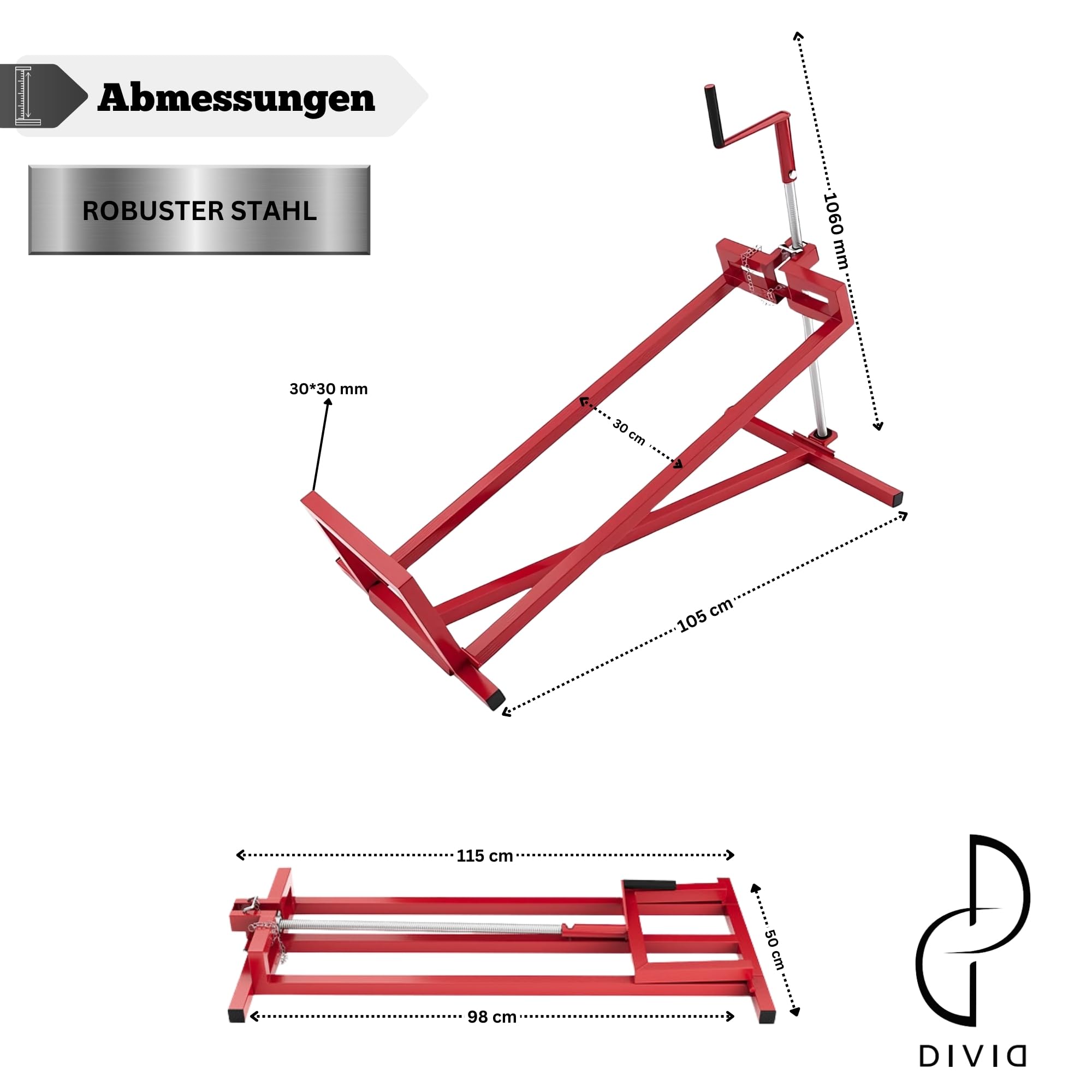 DIVID Hebevorrichtung Reinigungshilfe für Aufsitzrasenmäher, Traktor Heber bis 400Kg, 35 Grad Neigung, Hebebühne Rot