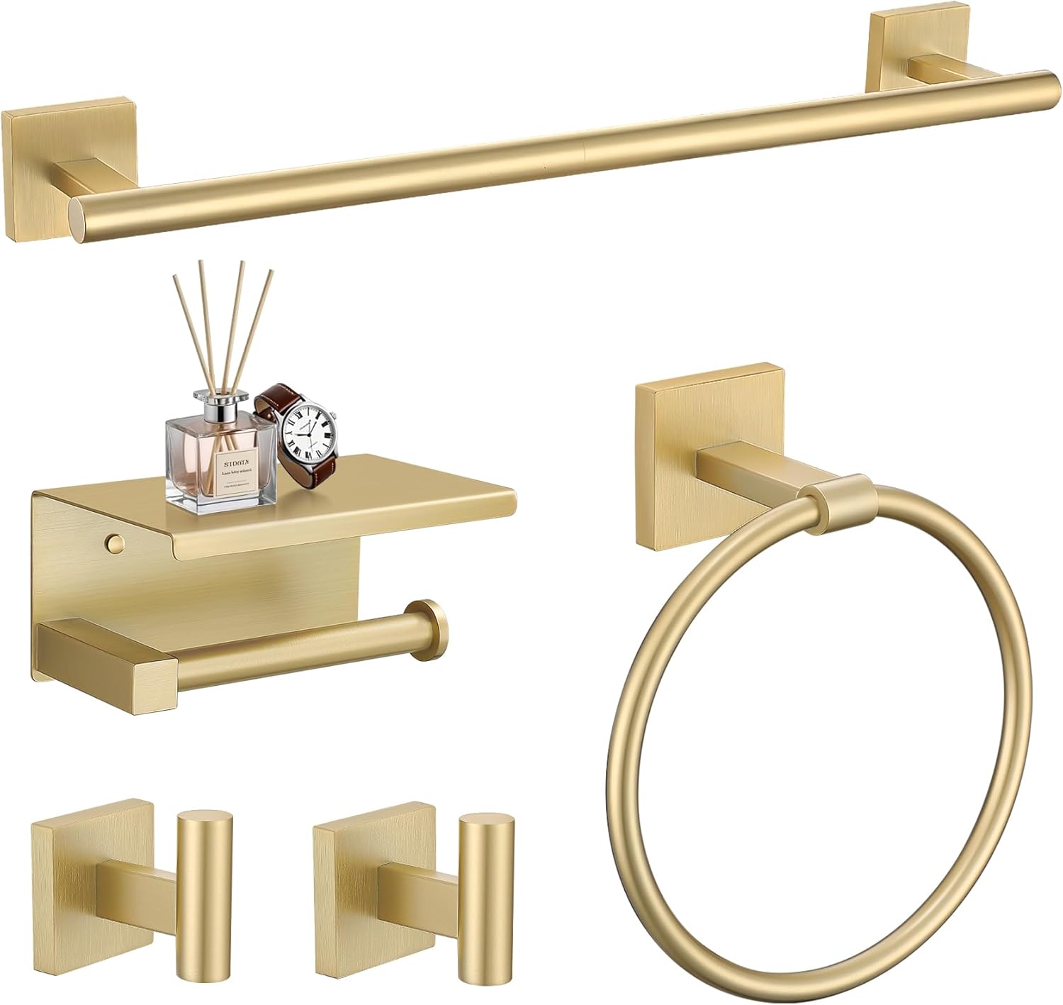 TURS 5-Pieces Brushed Gold Bathroom Hardware Set 23.6 Inch SUS304 Stainless Steel Towel Bar Set Wall Mounted Square Toilet Paper Holder with Shelf Brushed Gold 5-Pieces Set