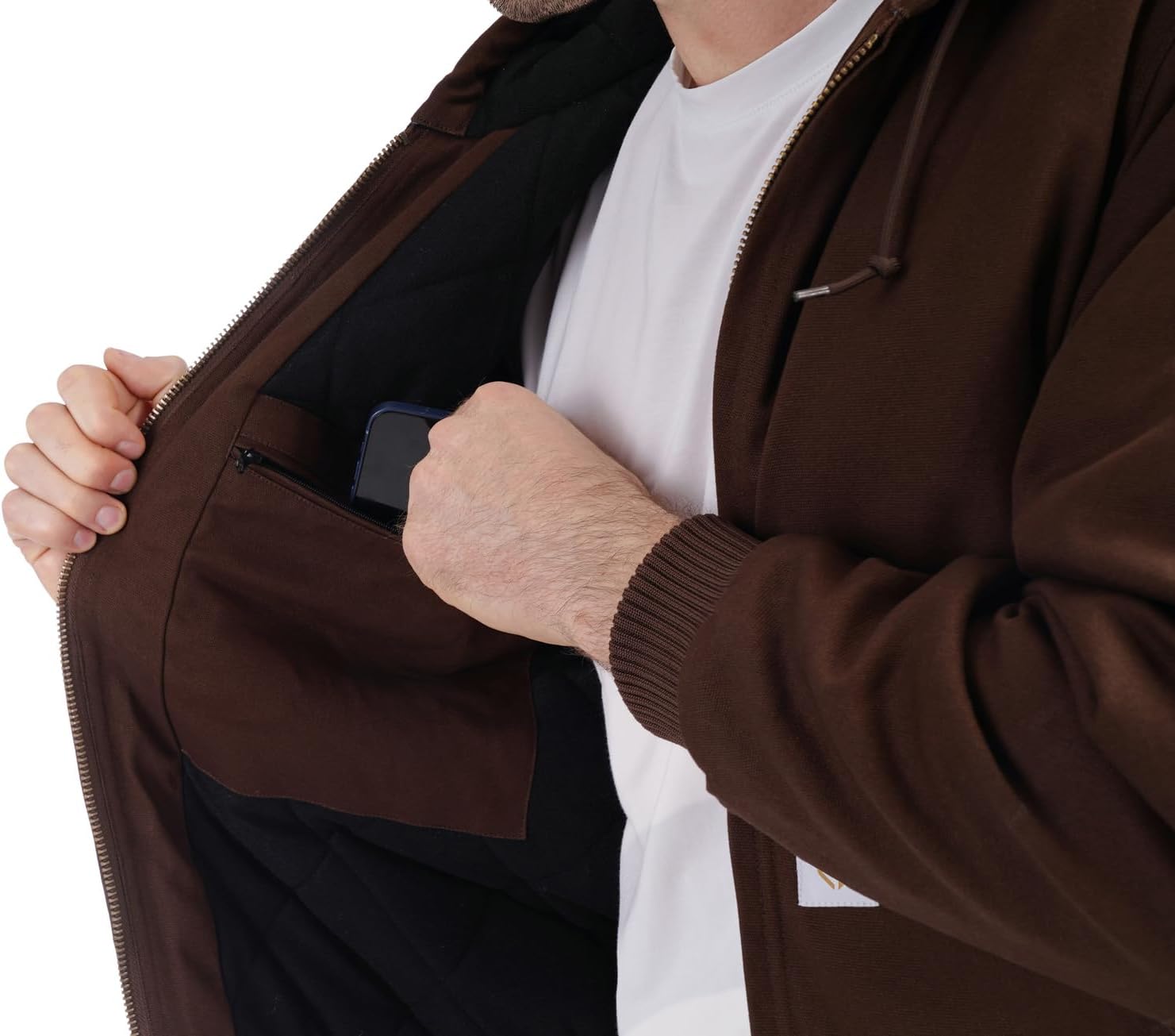 Men's Loose Fit Quilted Flannel Lined Workwear Waterproof Active Jacket Hooded Work Coat - Image 3