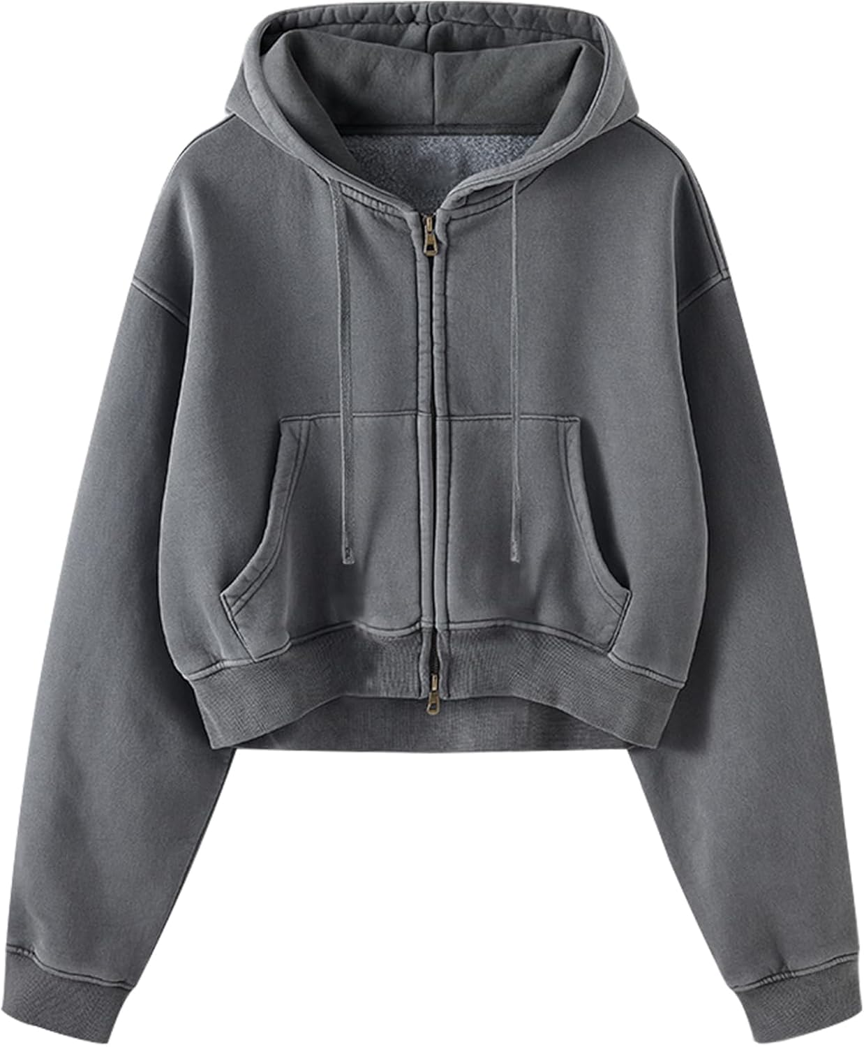 Gihuo Women's Cropped Zip-Up Hoodie, Acid Wash Double Zipper Short Sweatshirt