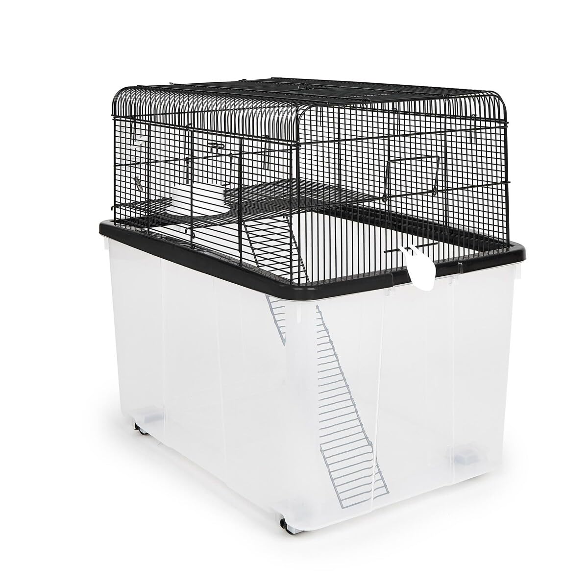 HAPPET VKlatka dla Gryzoni Hammy – 58 × 43 × 57 cm, Przestronna Klatka z Głęboką Kuwetą, Platformą i Drabinką, Kołami, Miseczką i Poidłem, Czarna z Przezroczystą Podstawą