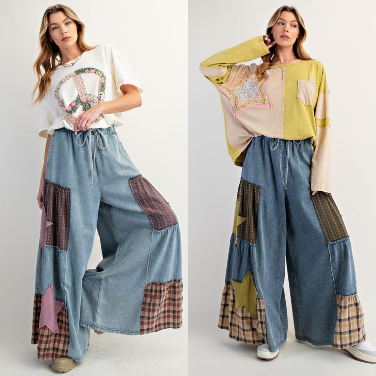 utcoco Women's Y2k Trendy Patchwork Wide Leg Jeans Drawstring High Waisted Denim Pants Casual Baggy Flare Jeans