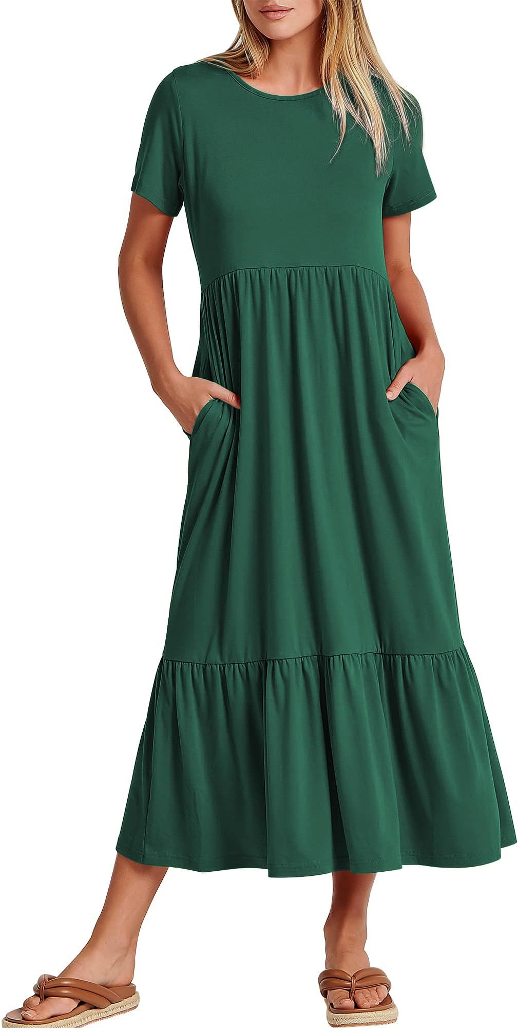 Jacansi Women's Summer Casual Maxidress Short Sleeve Crewneck Basic Swing T Shirt Dress Flowy Beach Vacation Sundress