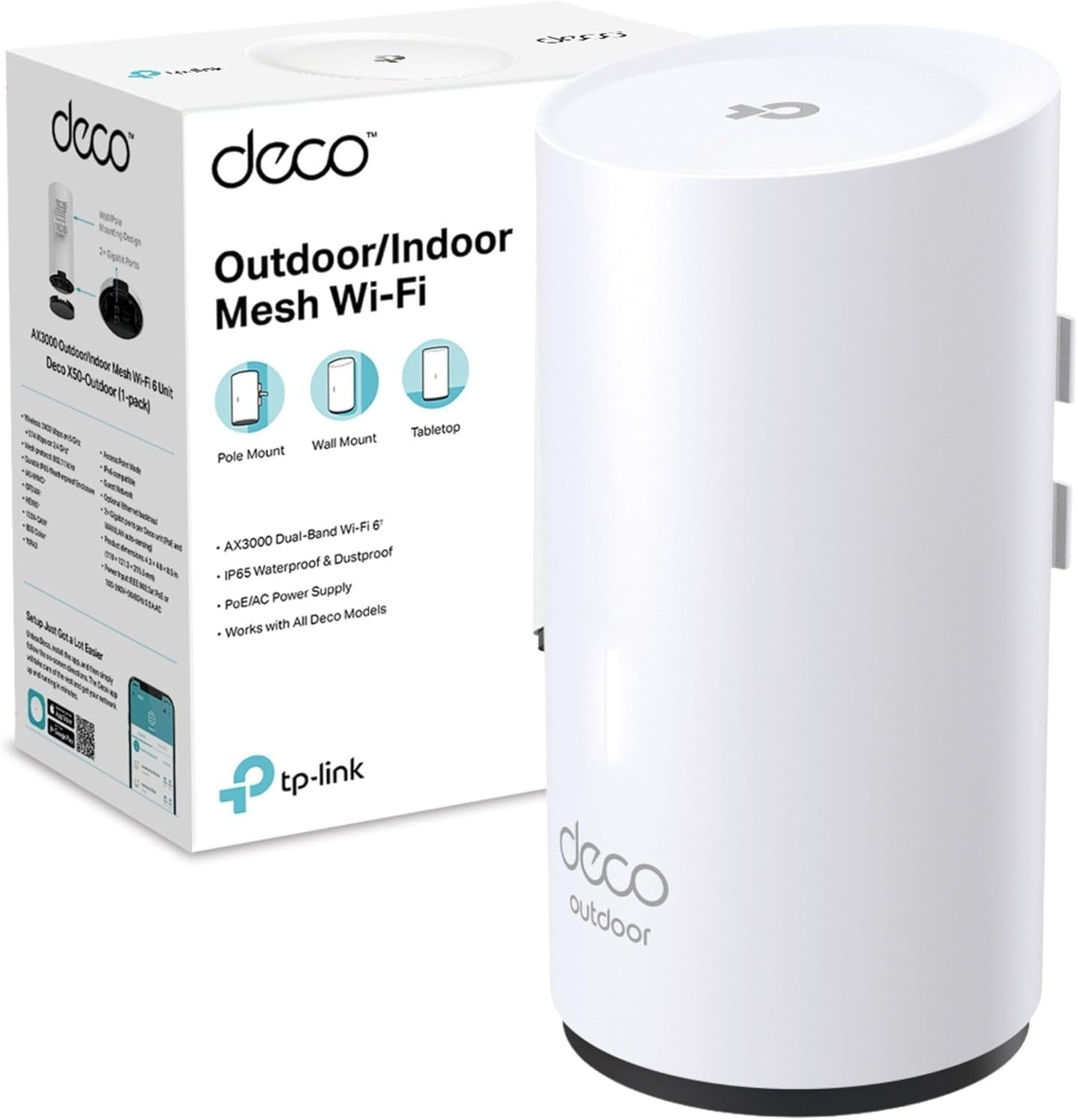 TP-Link Deco X50-Outdoor/Indoor Whole Home Mesh WiFi 6, IP65 Dust & Water Resistance, AI Driven Dual-Band WiFi Booster, Add on Another Deco Mesh Product for Extended Coverage, Works with Alexa
