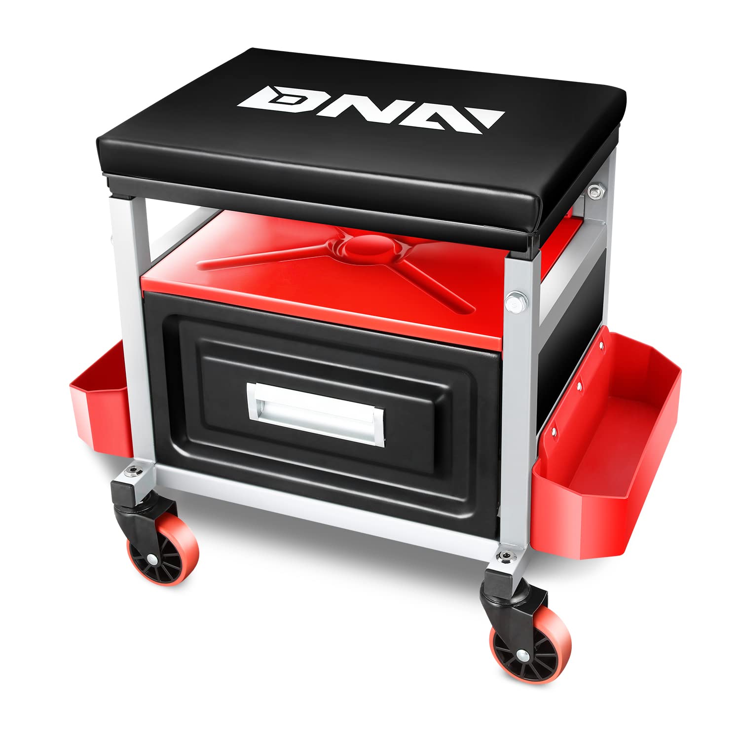 DNA Motoring TOOLS-00198 Adjustable Height Mechanics Roller Seat Creeper Stool With Padded Cushion, Tool Storage Drawer & Tray, 350 Lbs Max Weight Capacity