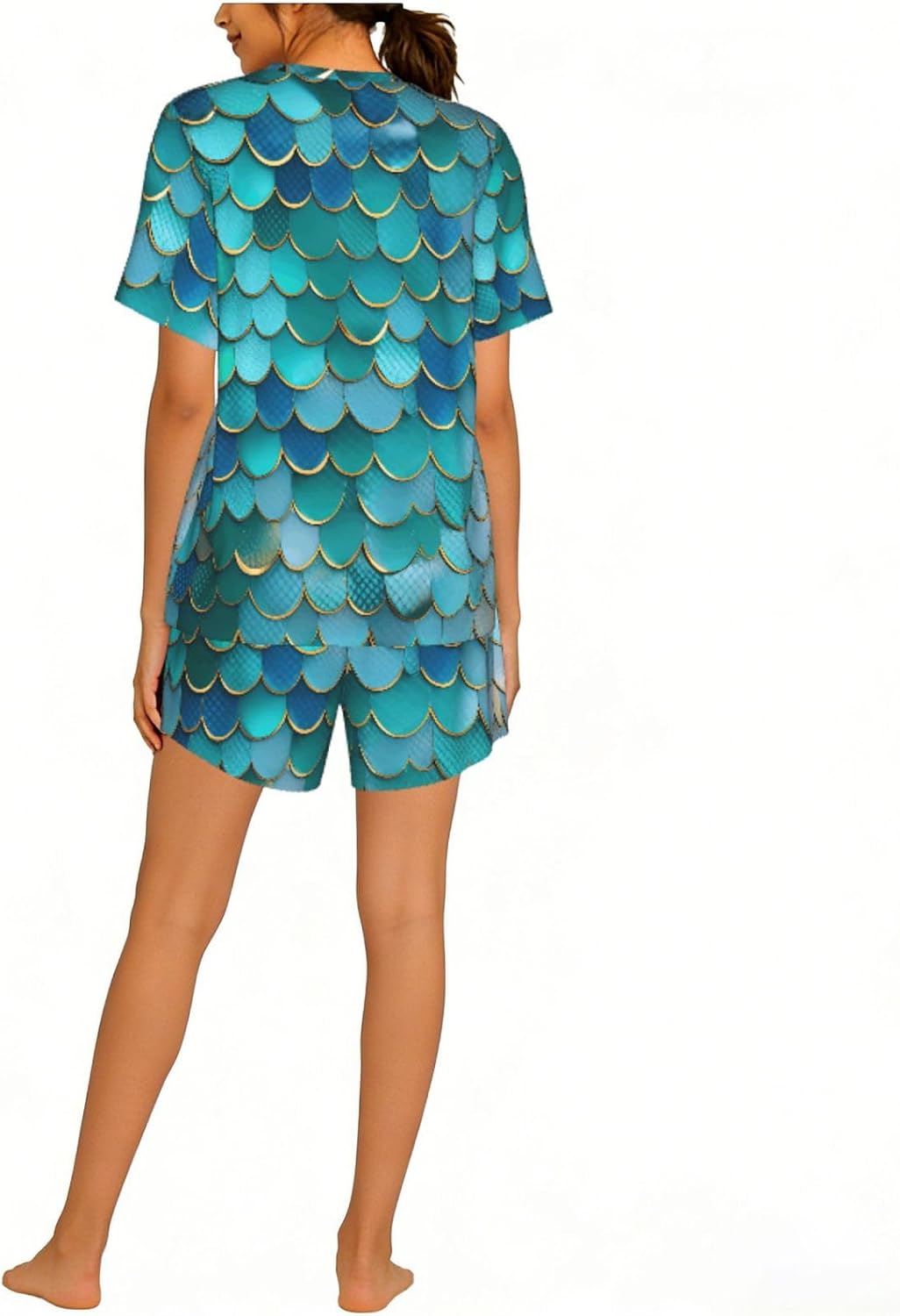 Mermaid Scale Print Cute Short Sleeve Pajama Set For Women Casual Loungewear With Pockets Four Seasons S-3xl
