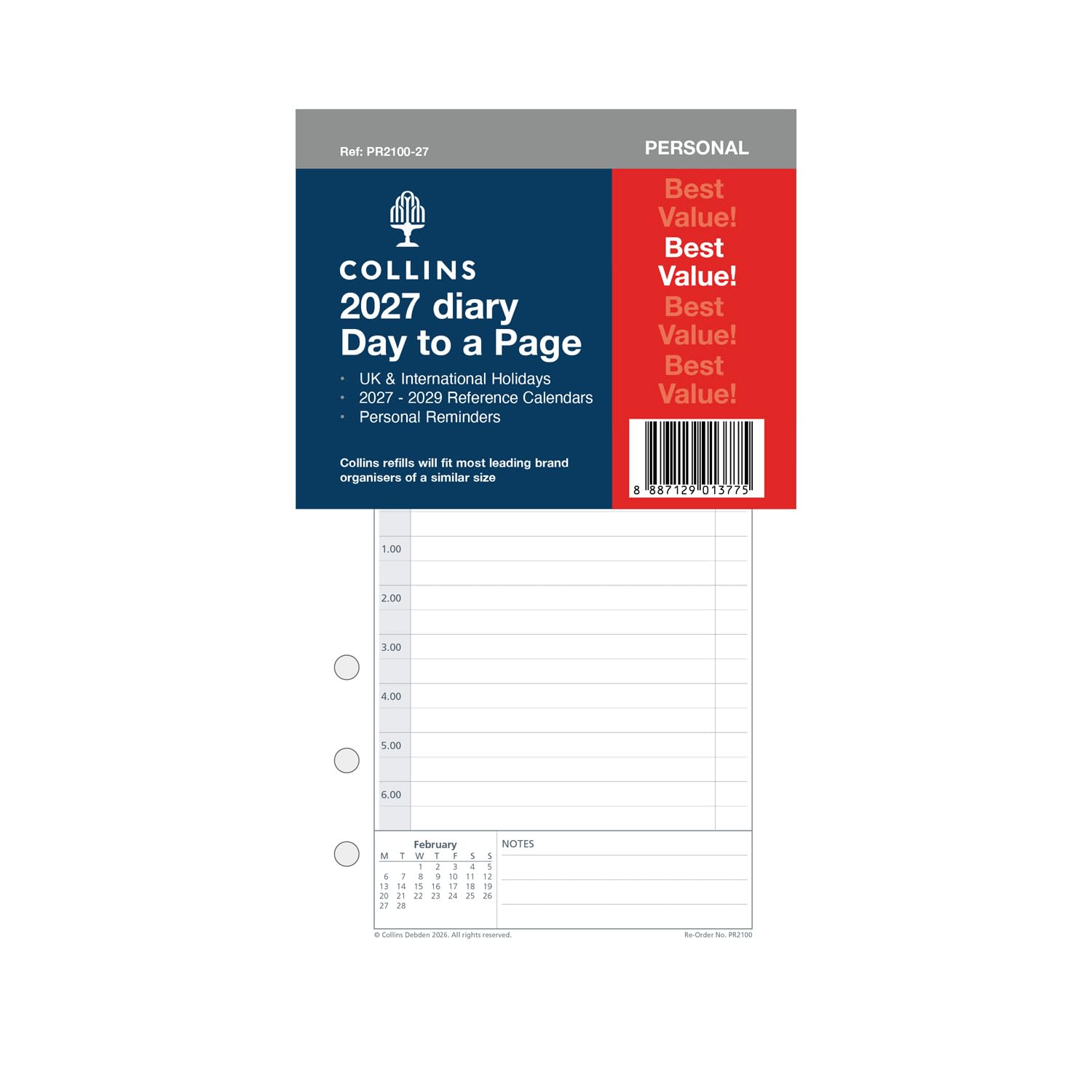2027 Personal Organiser Refill - 12 Month Day-to-Page Appointments Diary Refill - Collins Debden (PR2100) (PR2100-27)