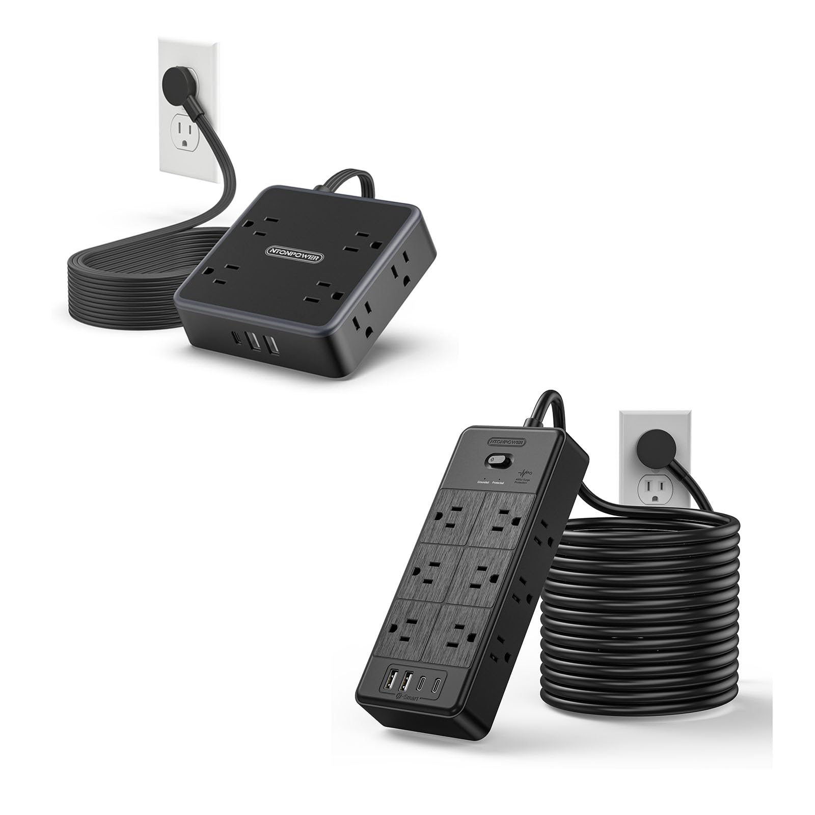 Two 25 FT 16-in-1 4000J & 11-in-1 1080J Extension Cord, 12AC Outlet with 4 USB & 8 AC Outlet with 3 USB, Long Cord Surge Protector, Multiple Outlets for Home Office