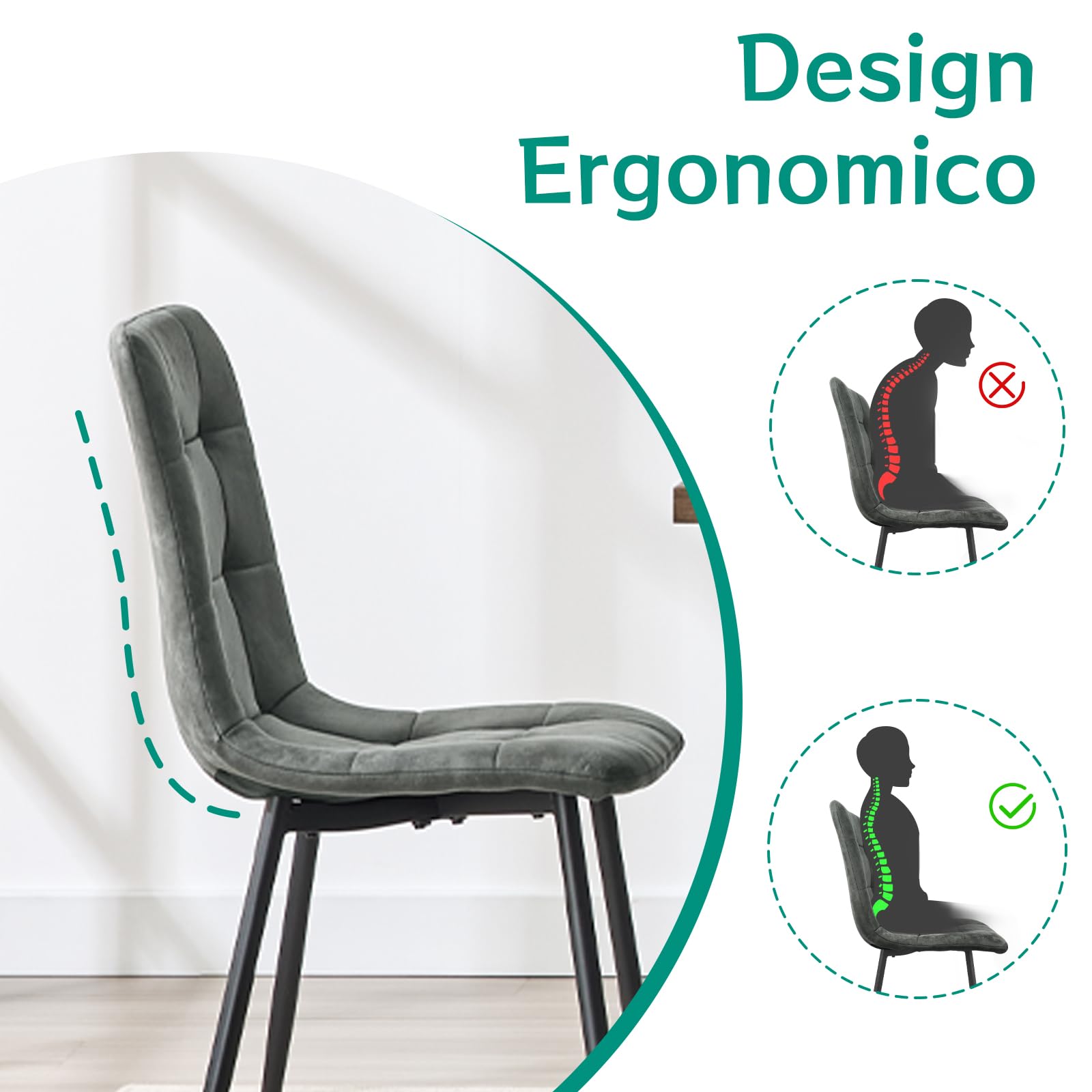 JIJIAN Set di 4 Sedie Sala da Pranzo, Sedie da Cucina in Tessuto Tecnologico, Sedie imbottite per Soggiorno con Gambe in Metallo Nero, Adatte per Sala da Pranzo, Sala d'attesa, Grigio Scuro