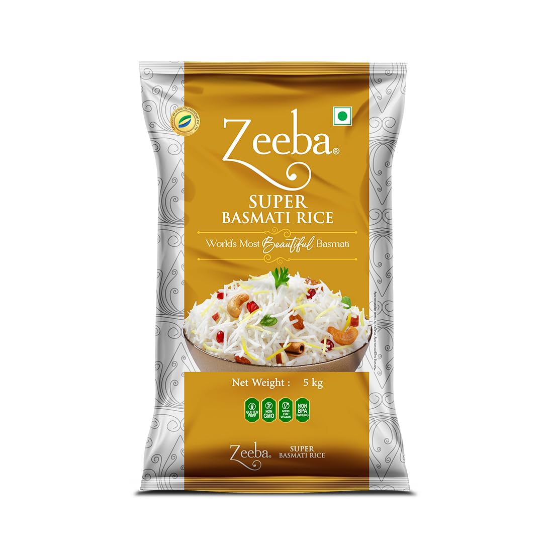 Zeeba Super Basmati Rice 5 Kg, Fluffy & Naturally Aromatic, Gluten Free Fine Grains (Cooked length upto 23mm*)