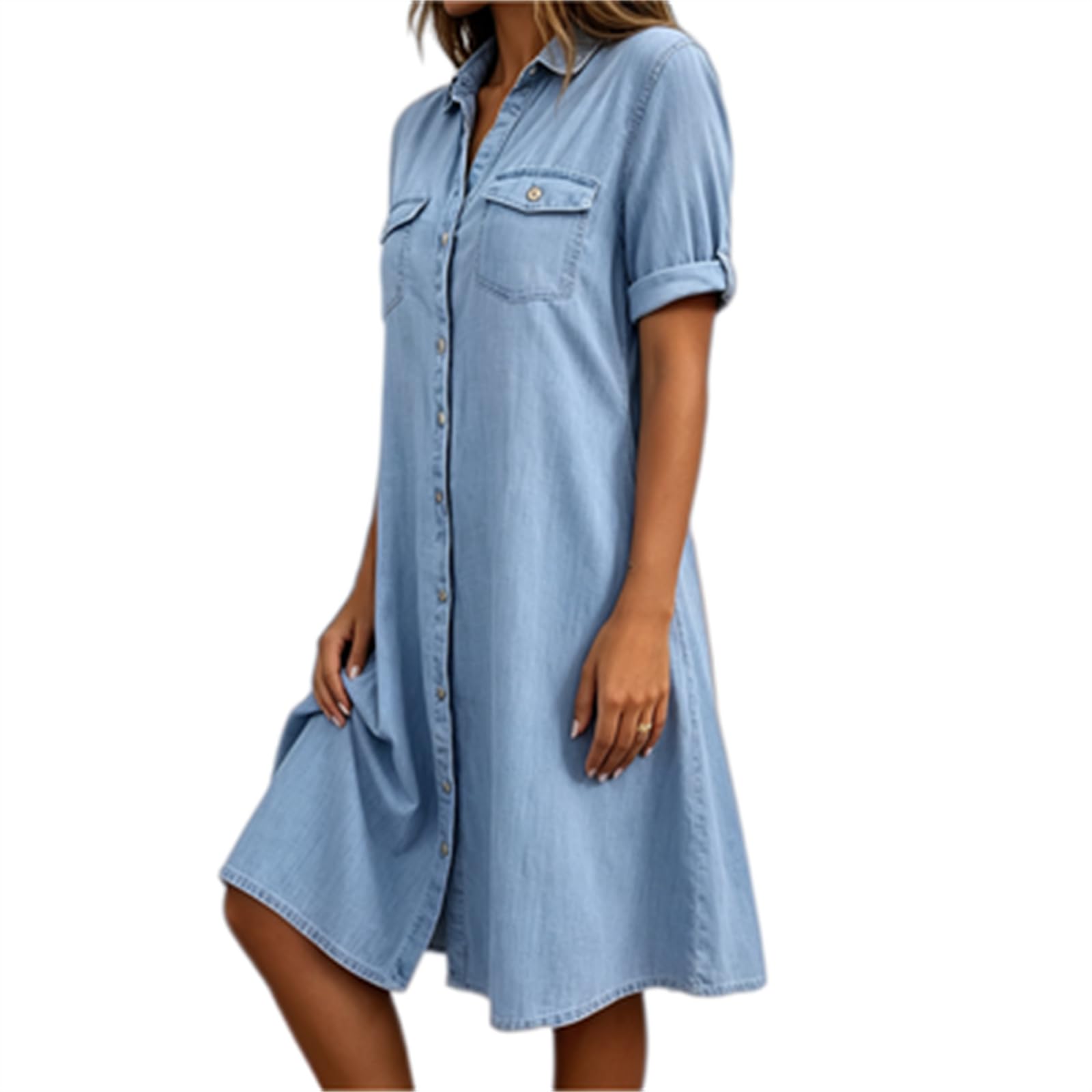 Generisch Sommerliches Jeanskleid mit kurzen Ärmeln, Business-Casual, Midi-Länge, Knopfleiste, Babydoll-Schnitt und Taschen