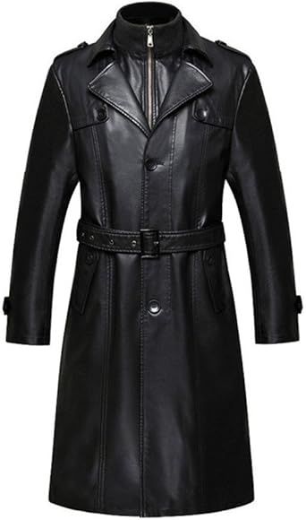 レザーコート ラム革コート ロングコート 膝丈 トレンチコート スプリングコート ビジネス ブラック 春秋 メンズ (XL)