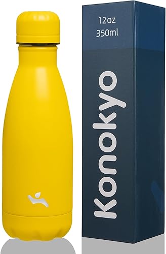 Botella de agua 12 oz, termo de metal Vacumm con aislamiento de doble pared de acero inoxidable para viajes deportivos, color amarillo
