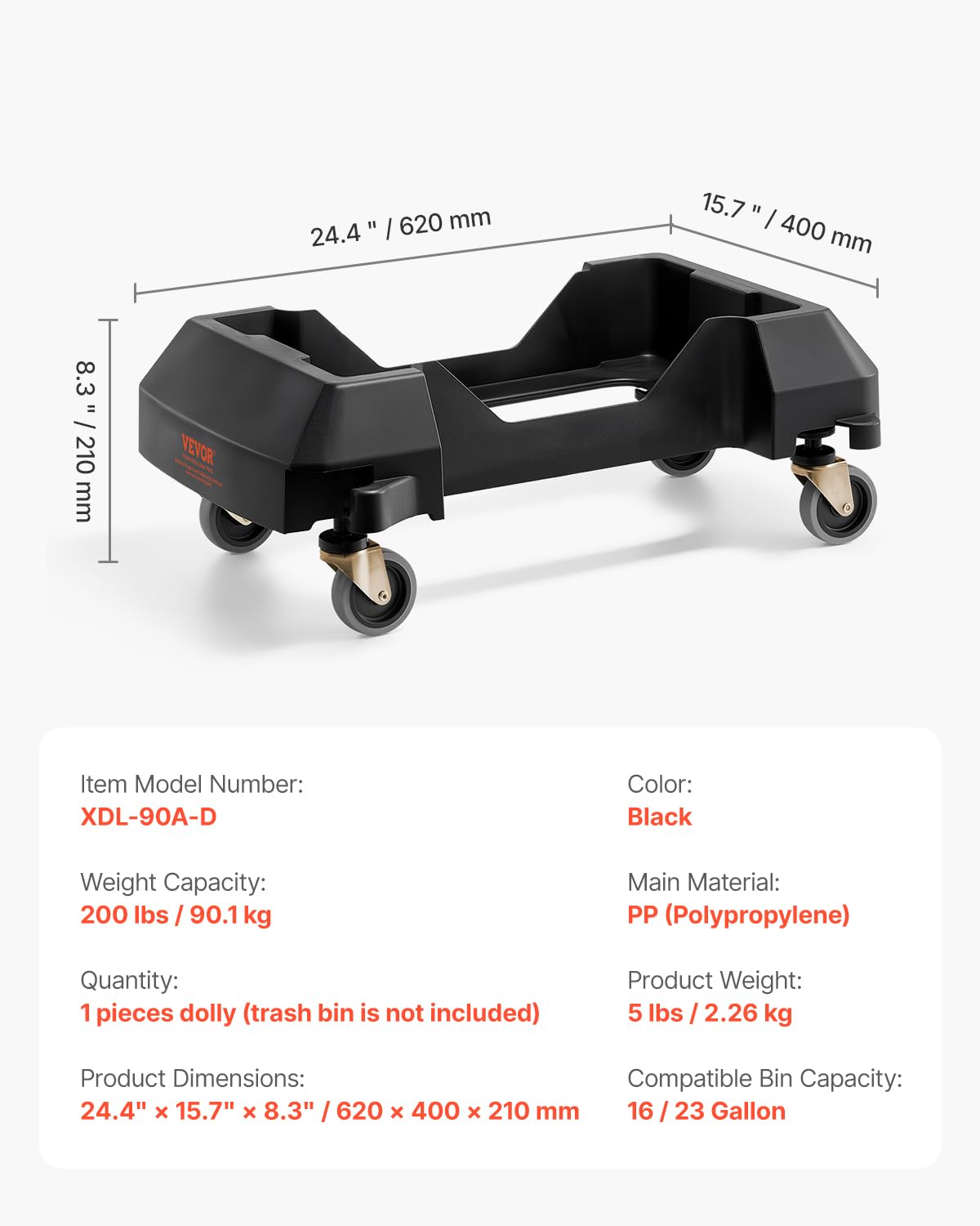VEVOR Plataforma Rodante para Contenedores de Basura, Base Rodante Delgada para Contenedores de Basura con 4 Ruedas Bloqueables, Capacidad de Peso de 90,1 kg, Carrito Rodante Multiuso, Negro