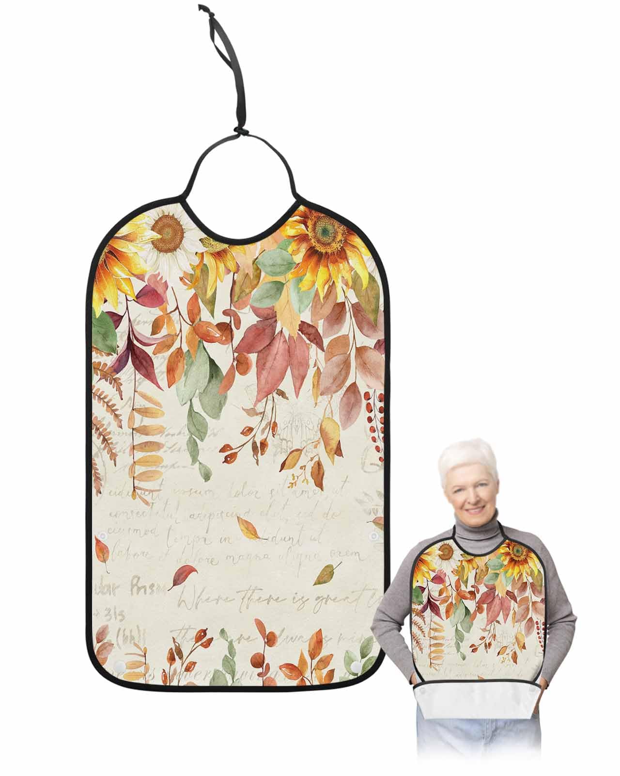 LEOKOTI Fall Botanical Adult Bibs for Eating, Waterproof Bibs with Food Catcher & Adjustable Snap Closure, Sunflowers Maple Leaf Watercolor Rustic Washable Clothing Protectors Adult Bibs for Elderly