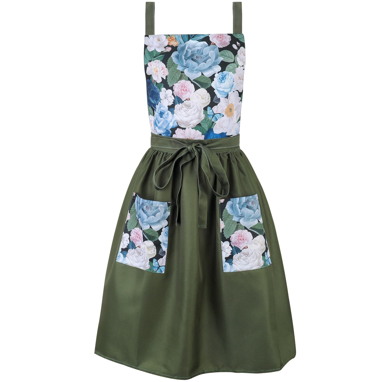 XLSXEXCL Vintage Aprons for Women with Pockets, Cute Apron Dress, Cross Back Pinafore Aprons, Adjustable Floral Aprons for Kitchen Cooking Baking
