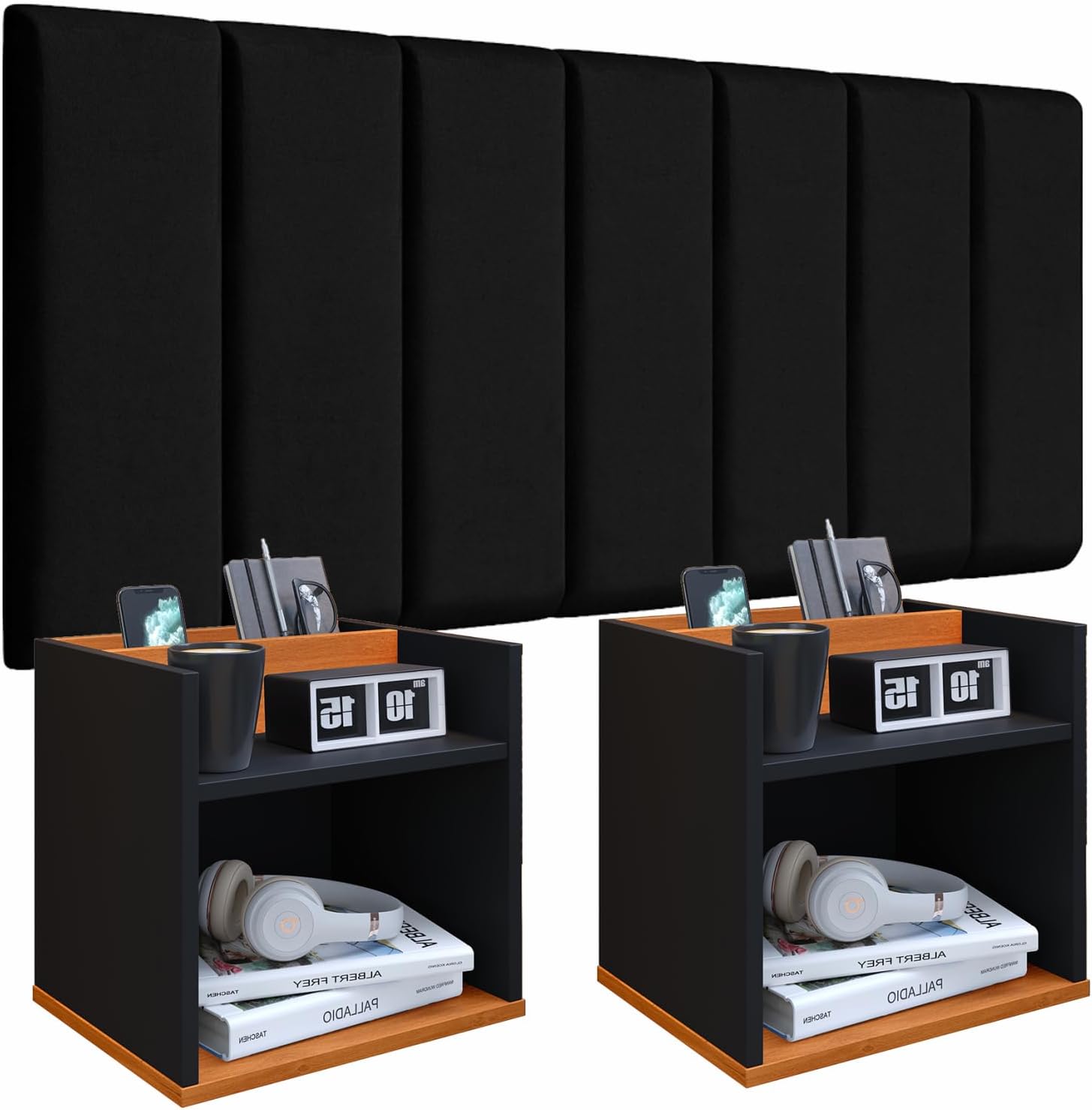 Conjunto Cabeceira Casal Modulada 140cm com Kit de Mesa de Cabeceira Suspenso com Porta Celular (Preto – Preto/Cinamomo)
