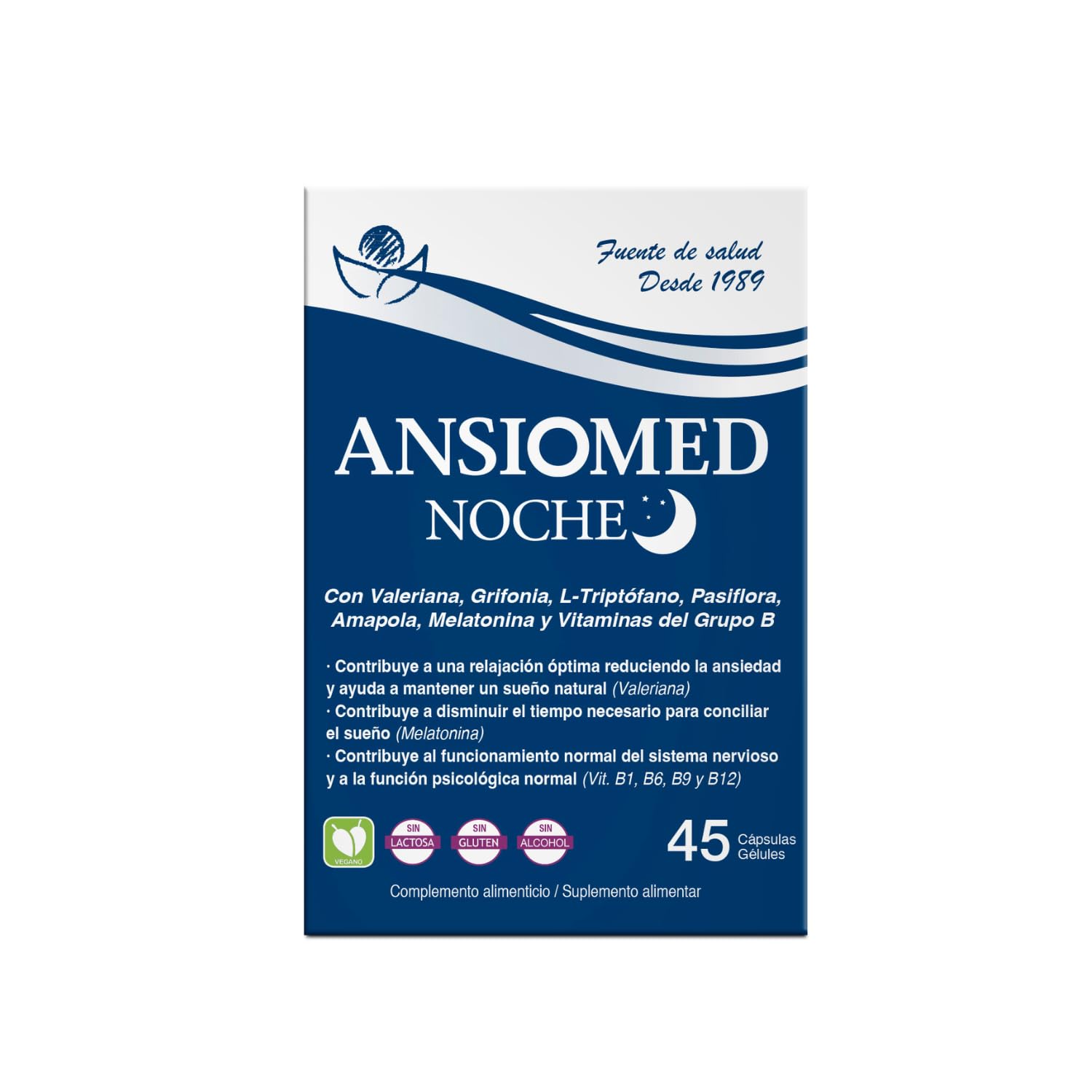 Ansiomed Noche 45 Cápsulas Pack 2 Unidades Ayuda Relajación Sueño Estrés Ansiedad Valeriana Triptófano Melatonina Pasiflora Vitaminas