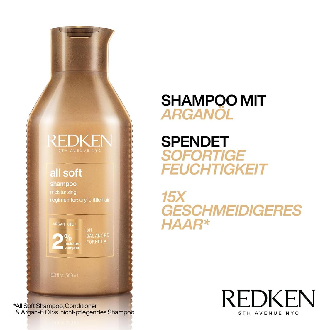 Redken XL Pflegeset für trockenes und brüchiges Haar, Belebt und hydratisiert, Mit Omega-6 und Argan-Öl, All Soft Shampoo 500 ml & Conditioner 500 ml