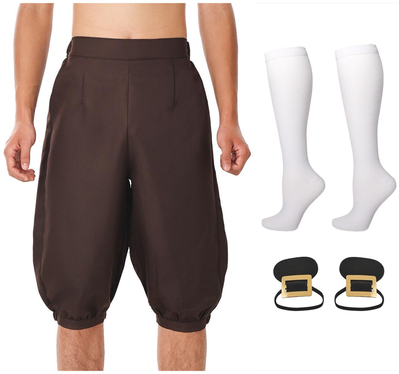 BLESSUME 3pcs Medieval Costume Pants Set, Pirate Viking Trousers Renaissance Fancy Dress Socks Cosplay Shoes Buckle Unisex (Brown, M)