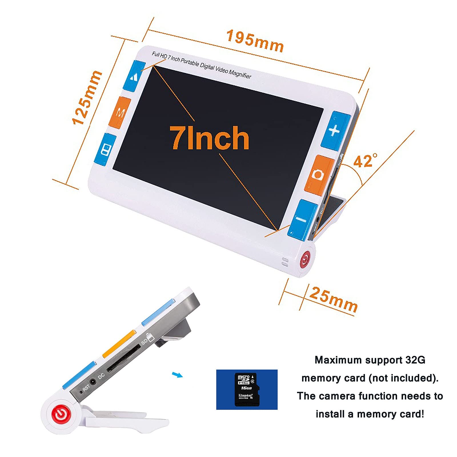 Lupa digital de lente dual de 7.0 pulgadas para baja visión, lupa electrónica de ayuda de lectura móvil, zoom 2X-32X y 26 modos de color, congelación de imagen y panorámica de imagen, salida AV/HDMI