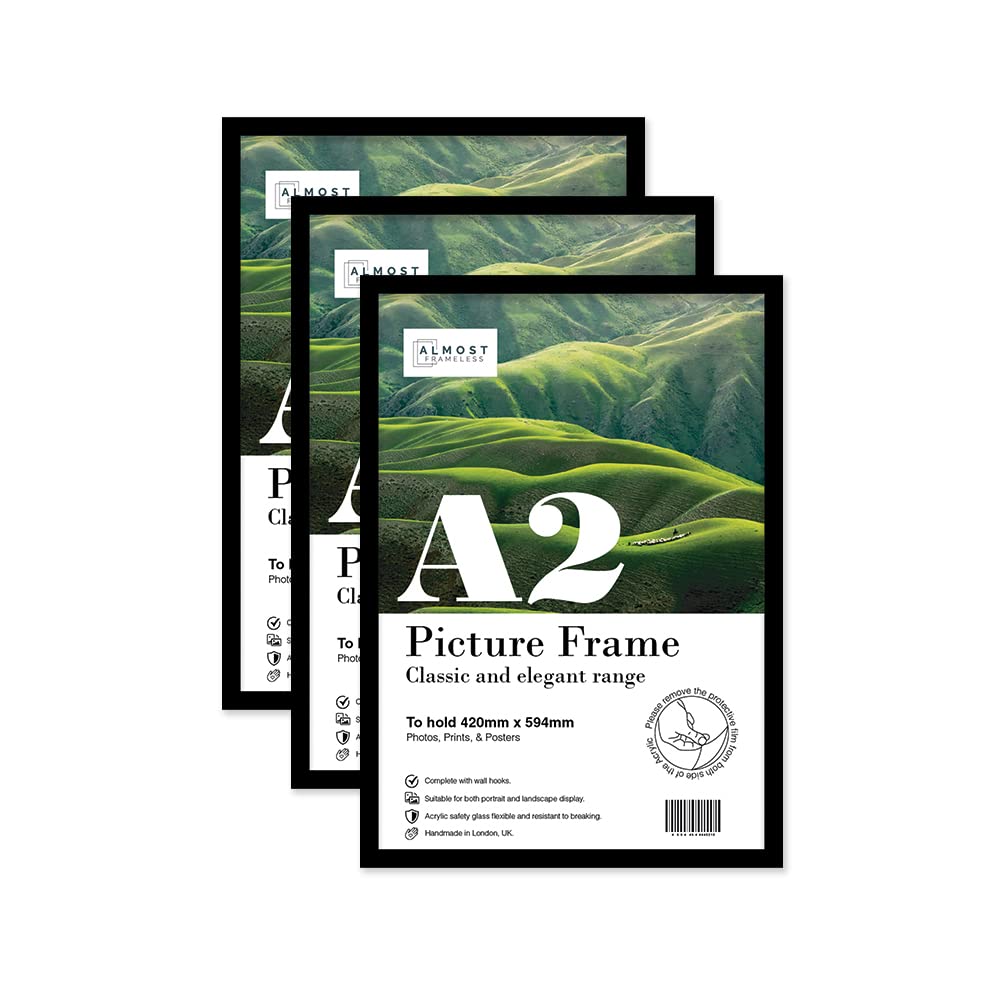 Almost Frameless Black A2 Picture Frame Set Of 3, Display A2 Picture Gallery Wall, Poster, Photo, Artwork, Or Print,