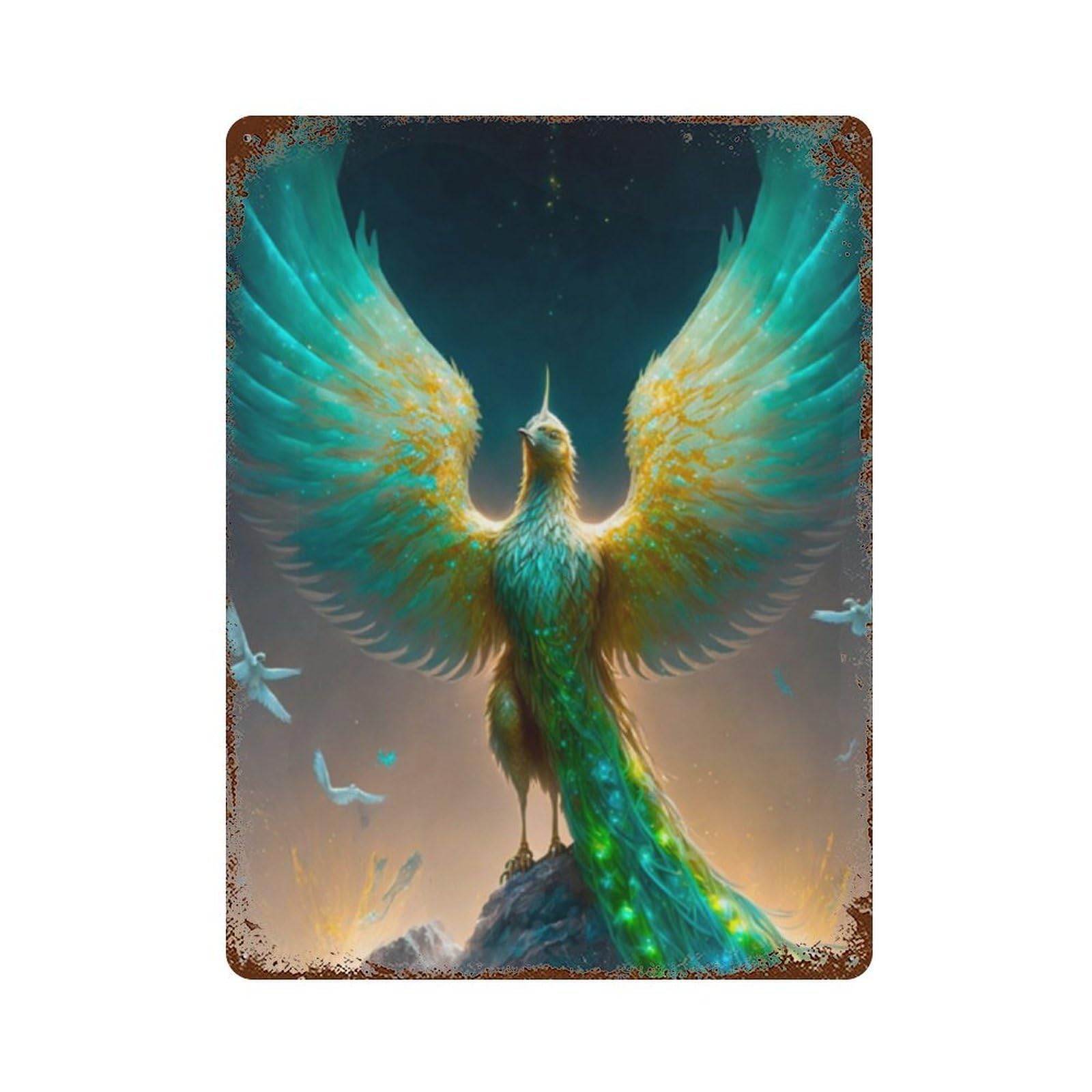Enchanted Phoenix Art Print Rust Effect Tin Sign 15.7"x11.8", Vintage Wall Decor for Pub, Kitchen And Man Cave Decor