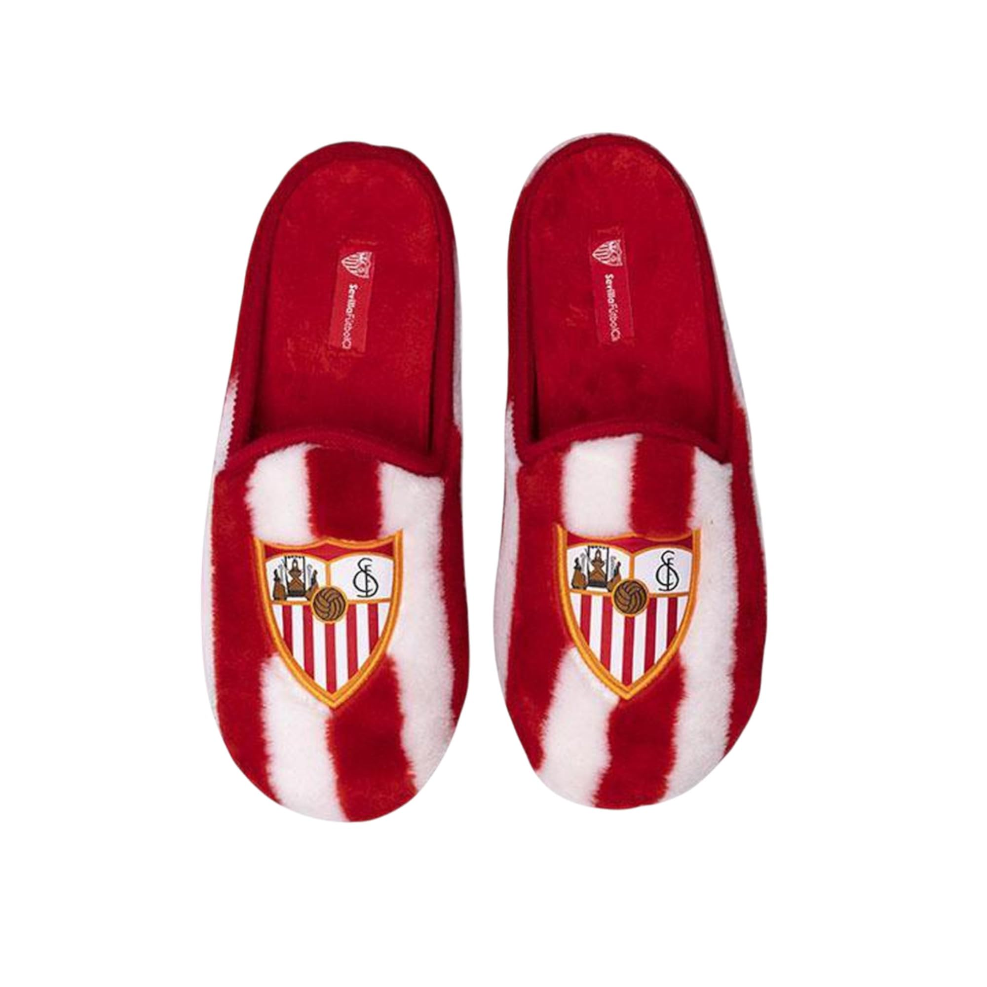 Zapatillas de Estar por casa del FC Sevilla con el Escudo Oficial con Diseno Clasico de Franjas, Fabricadas en Espana. Suela Antideslizante, Lavables en Lavadora.