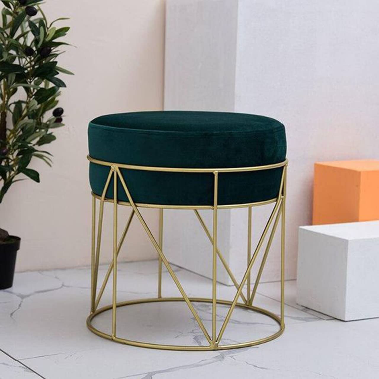 Alenz Craft Modern Round Velvet Storage Ottoman Footrest Stool/Seat with Gold Metal Legs & Tray Top Coffee Table,Vanity Stool.Green