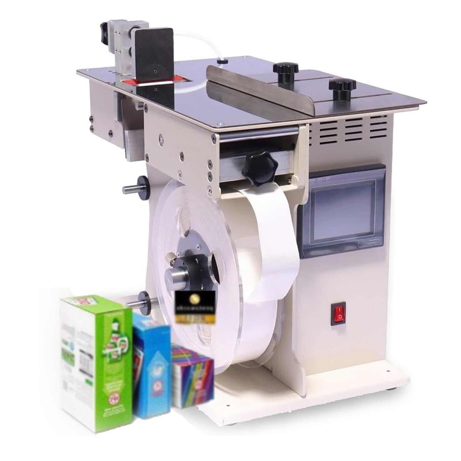 Etichettatrice automatica ad angolo a 90° con touch screen, velocità e lunghezza regolabili, etichettatrice 200 mm/min per etichette quadrate, rotonde e trasparenti