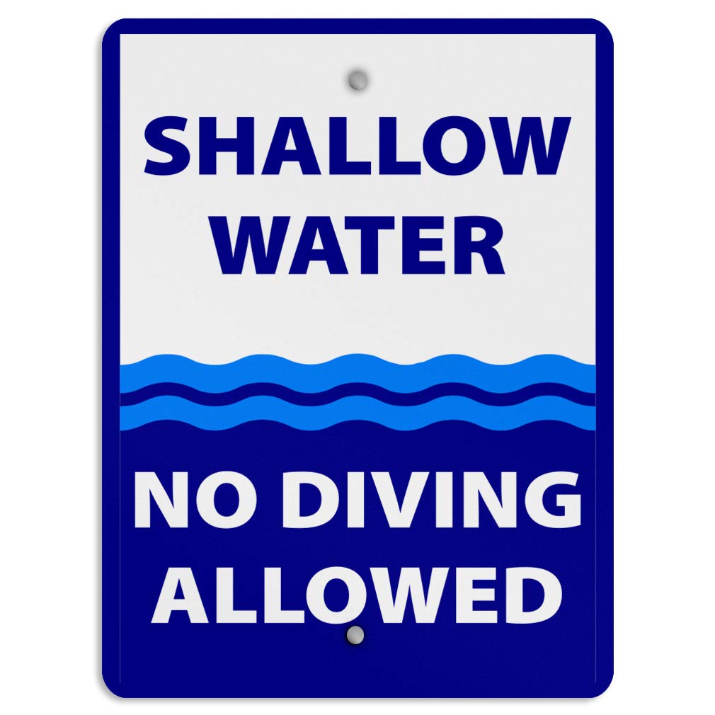 Aluminum Vertical Metal Sign Multiple Sizes Shallow Water No Diving Allowed Activity Pool Blue Swimming with Border Weatherproof Street 9x12Inches