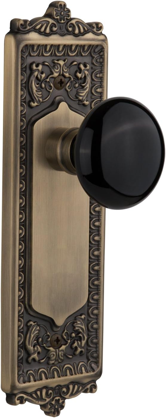 Nostalgic Warehouse Egg & Dart Plate with Black Porcelain Knob, Privacy - 2.75", Antique Brass