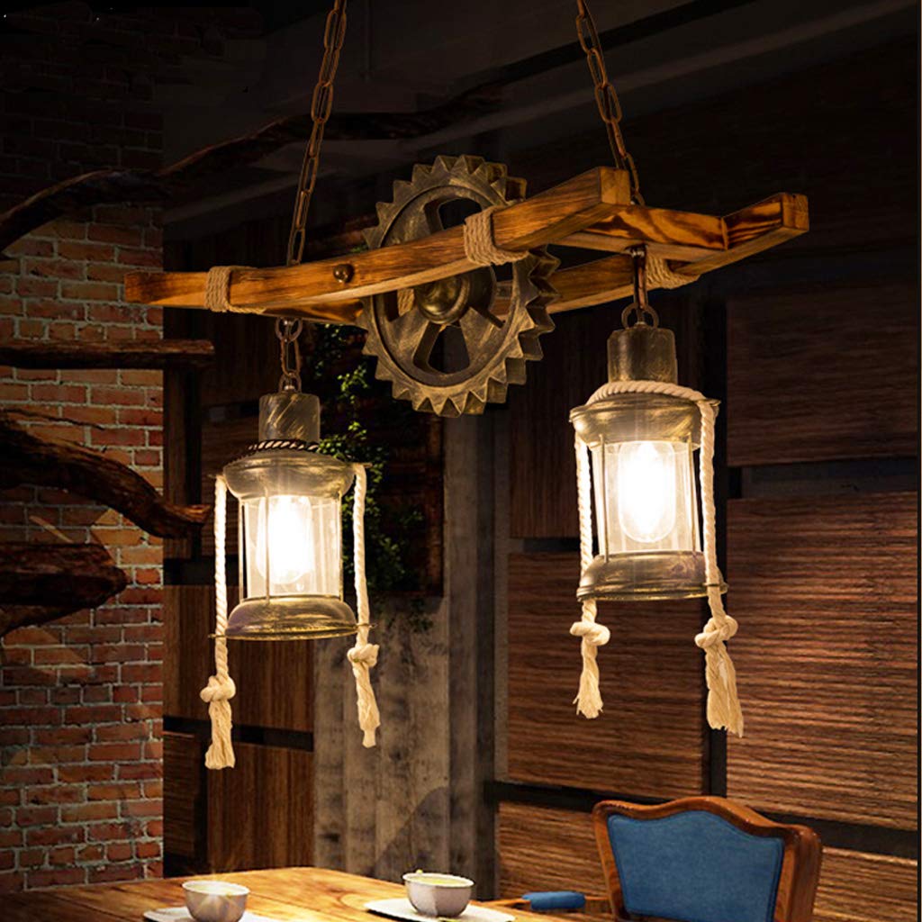 Lustres E27 Vintage Pendentif Chêne Clair Salle À Manger Lampe Suspension Industrielle Metal Gear En Fer Forgé Plafond Rétro Lampe Suspendue Chambre Lampe Maison En Bambou Lumière Vivante Chambre Café