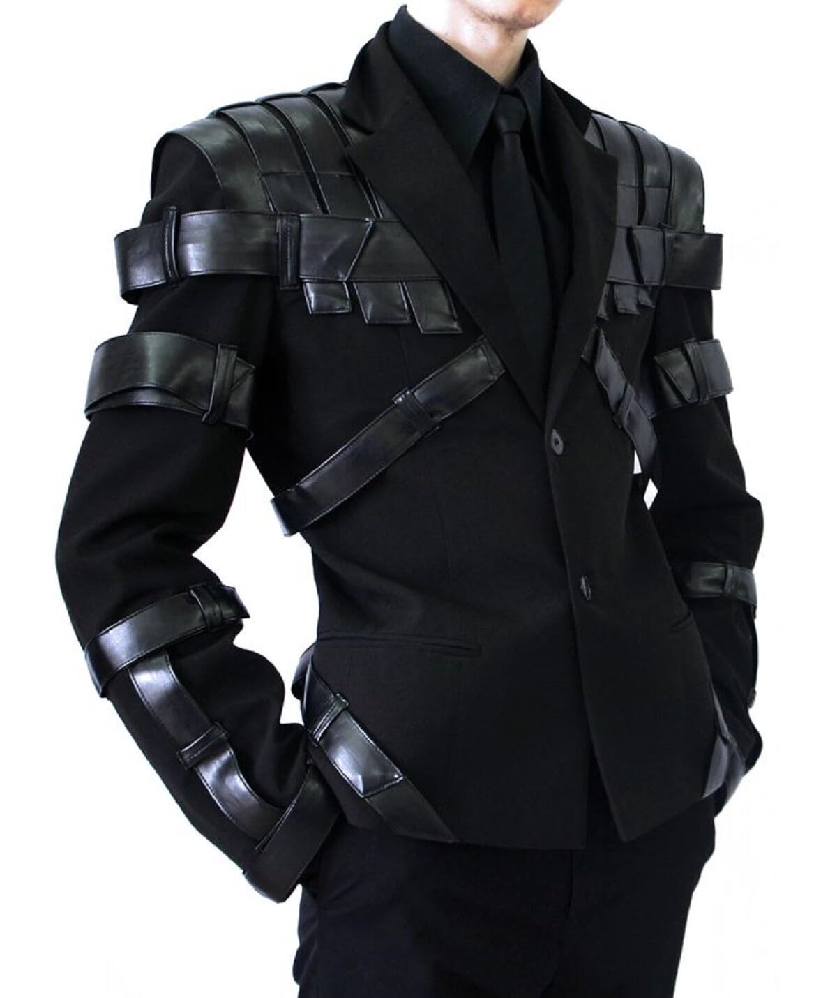 Męska czarna marynarka taktyczna z paskiem futurystycznym cosplay zbroja skórzany pasek moda inspirowany K-Pop strój