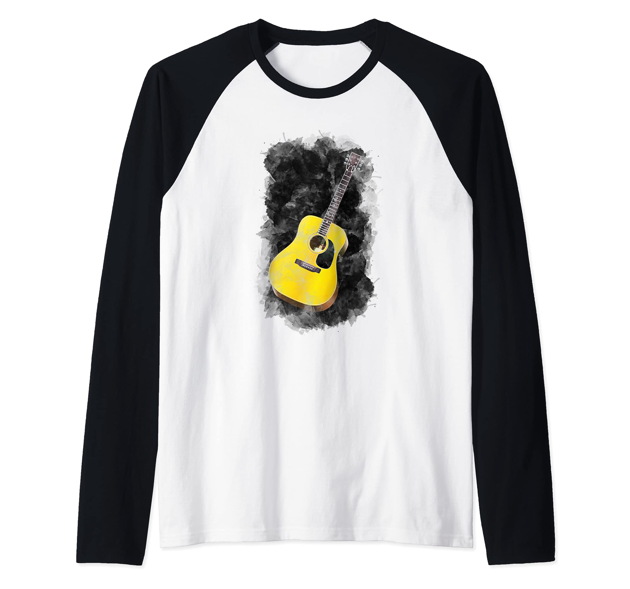 Guitar Watercolor Art / Love Music Player Graphic Acoustic Raglan Baseball Tee, Black