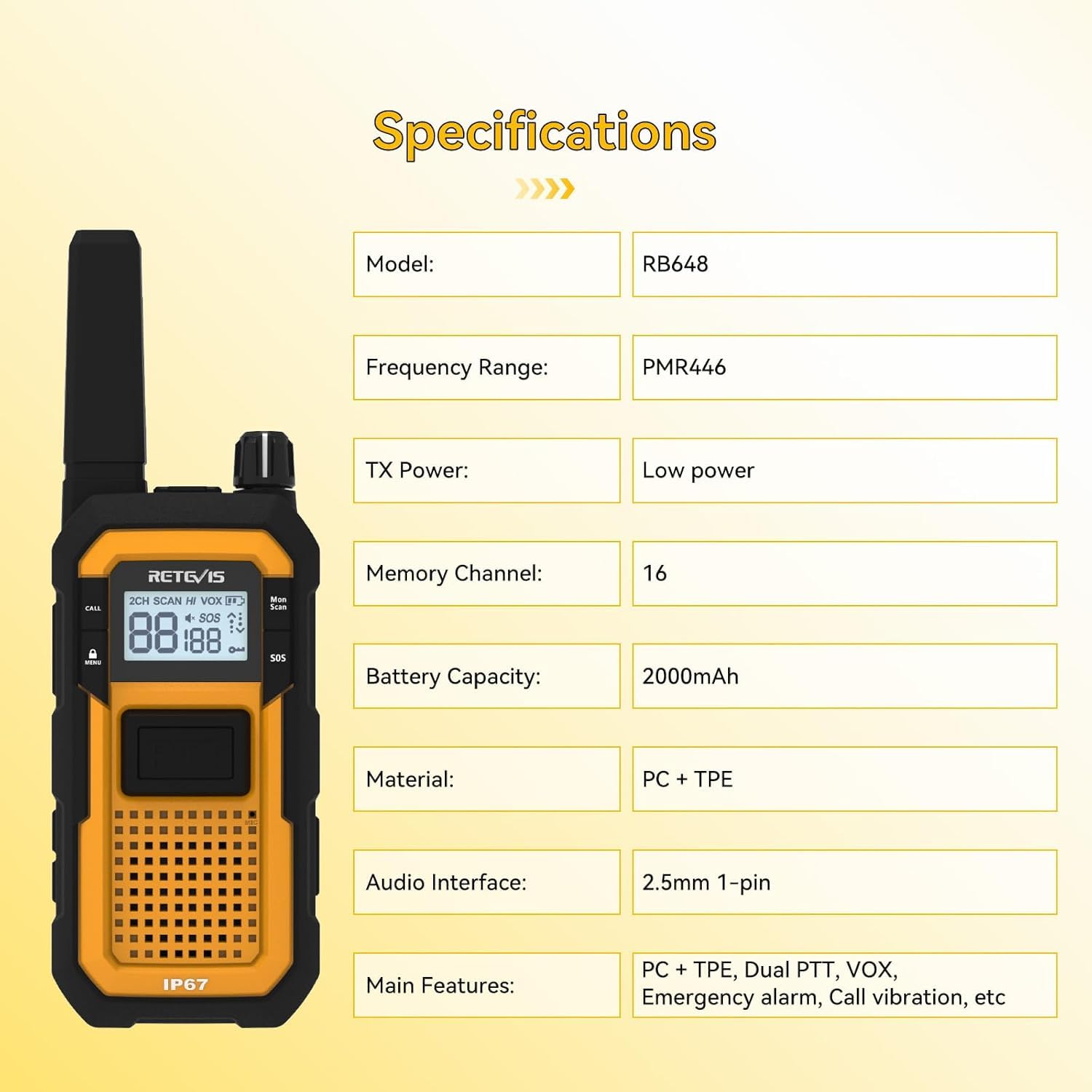 Retevis RB648 Walkie Talkie Con Microfono, Radio Bidirezionale | Impermeabile IP67, Doppio PTT, 2000mAh, Walkie Talkie di Emergenza per Adulti per Cantieri (2 Pezzi)