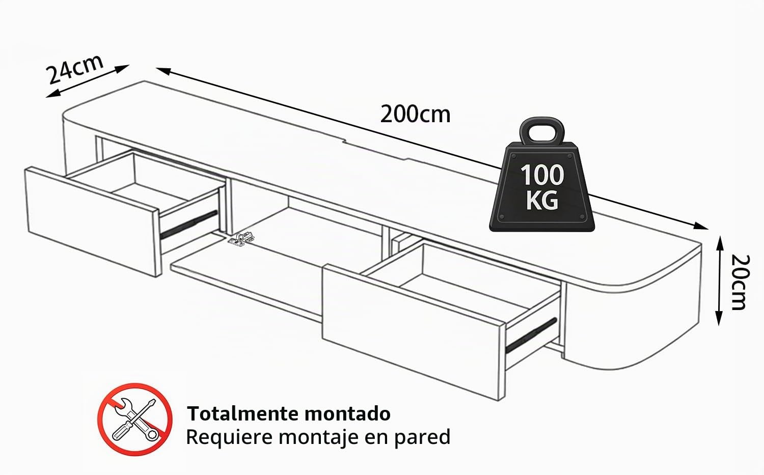 Mueble TV Suspendido Moderna con luz LED | Consola de Medios de Entretenimiento Montada en la Pared | Banco de TV con Gran Capacidad de Almacenamiento para Sala de Estar y Oficina (Madera, 200cm)